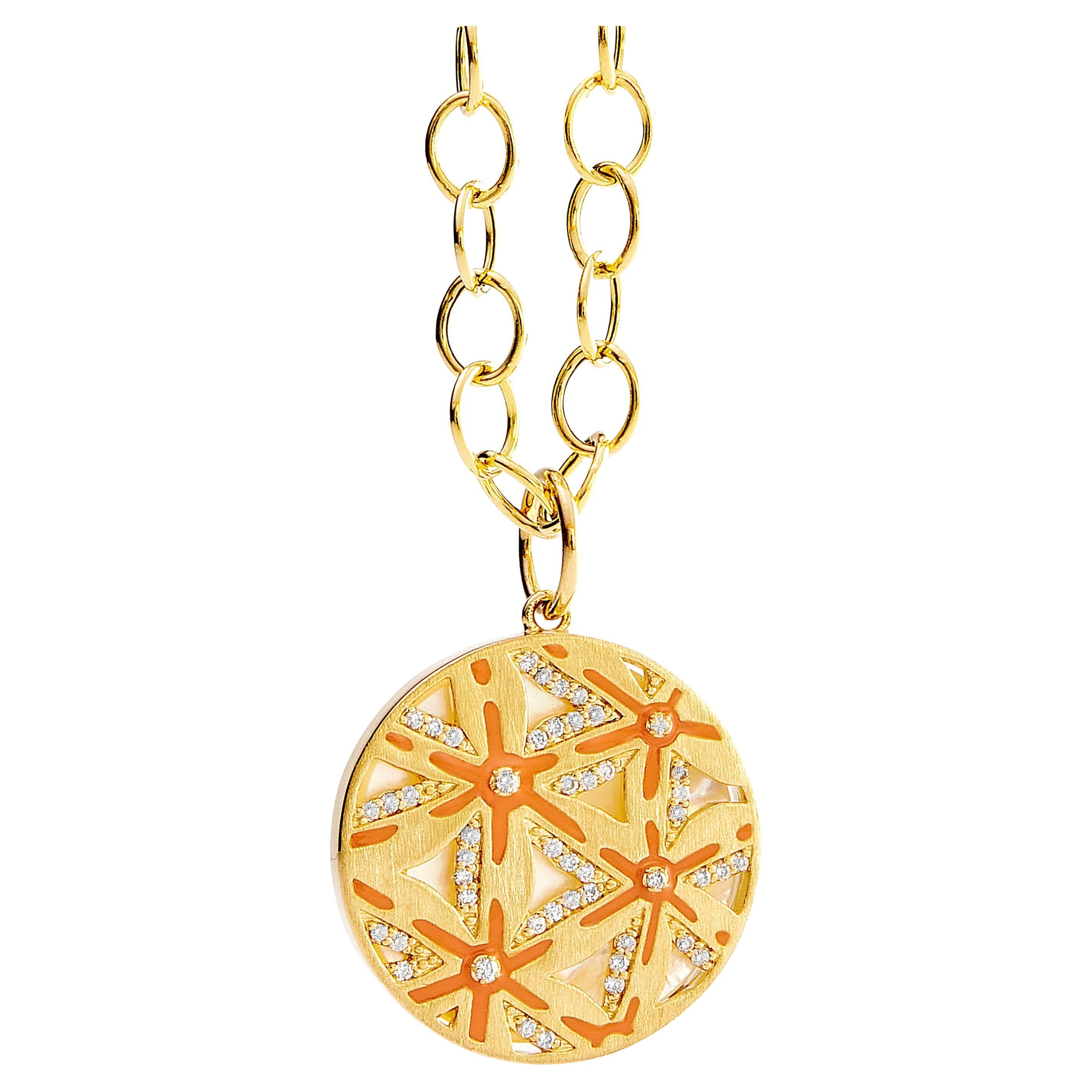 Syna Yellow Gold Coral Flora Pendant with Mother of Pearl and Diamonds For Sale