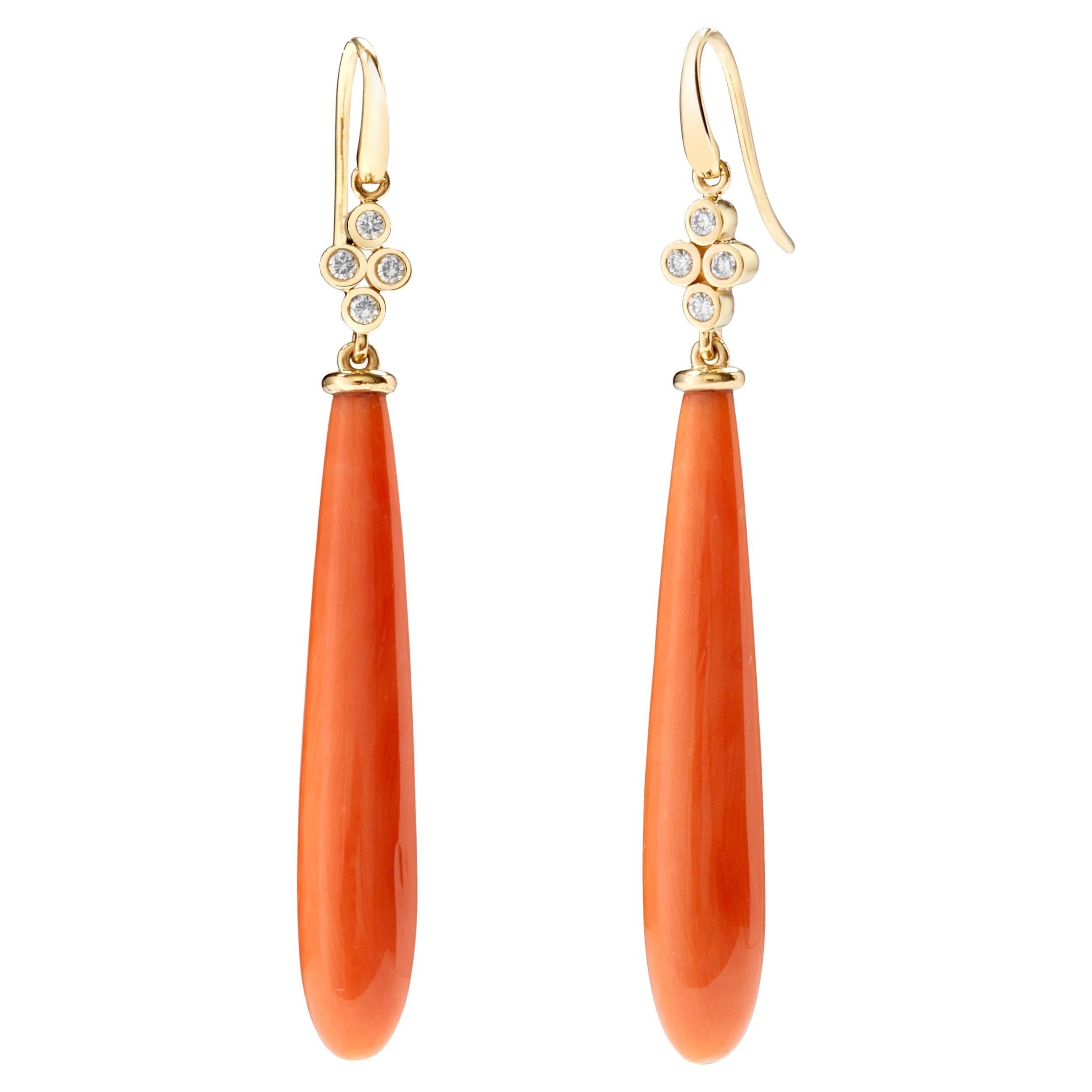 Syna Yellow Gold Coral Long Drop Earrings with Diamonds For Sale
