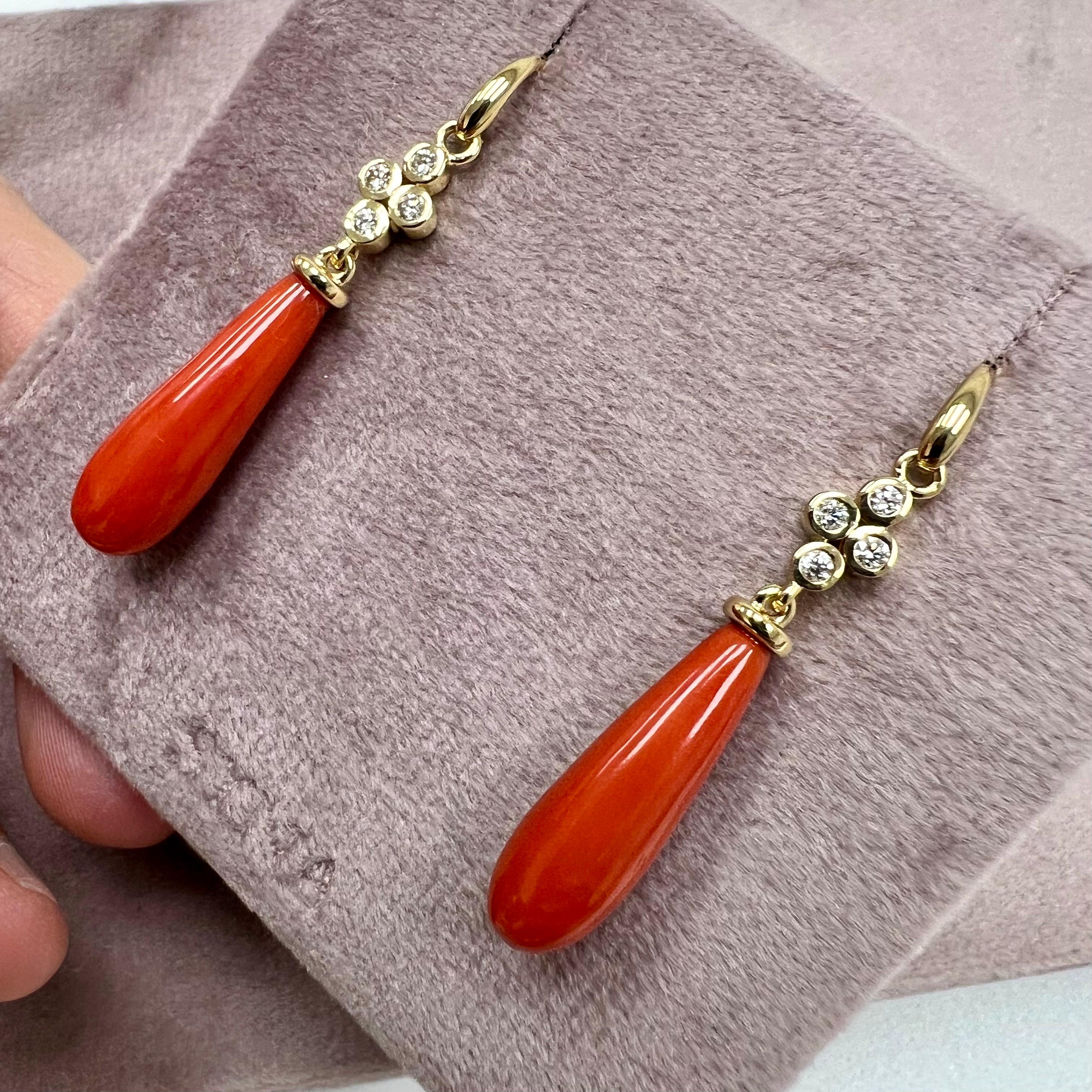 Contemporary Syna Yellow Gold Coral Long Drop Earrings with Diamonds For Sale