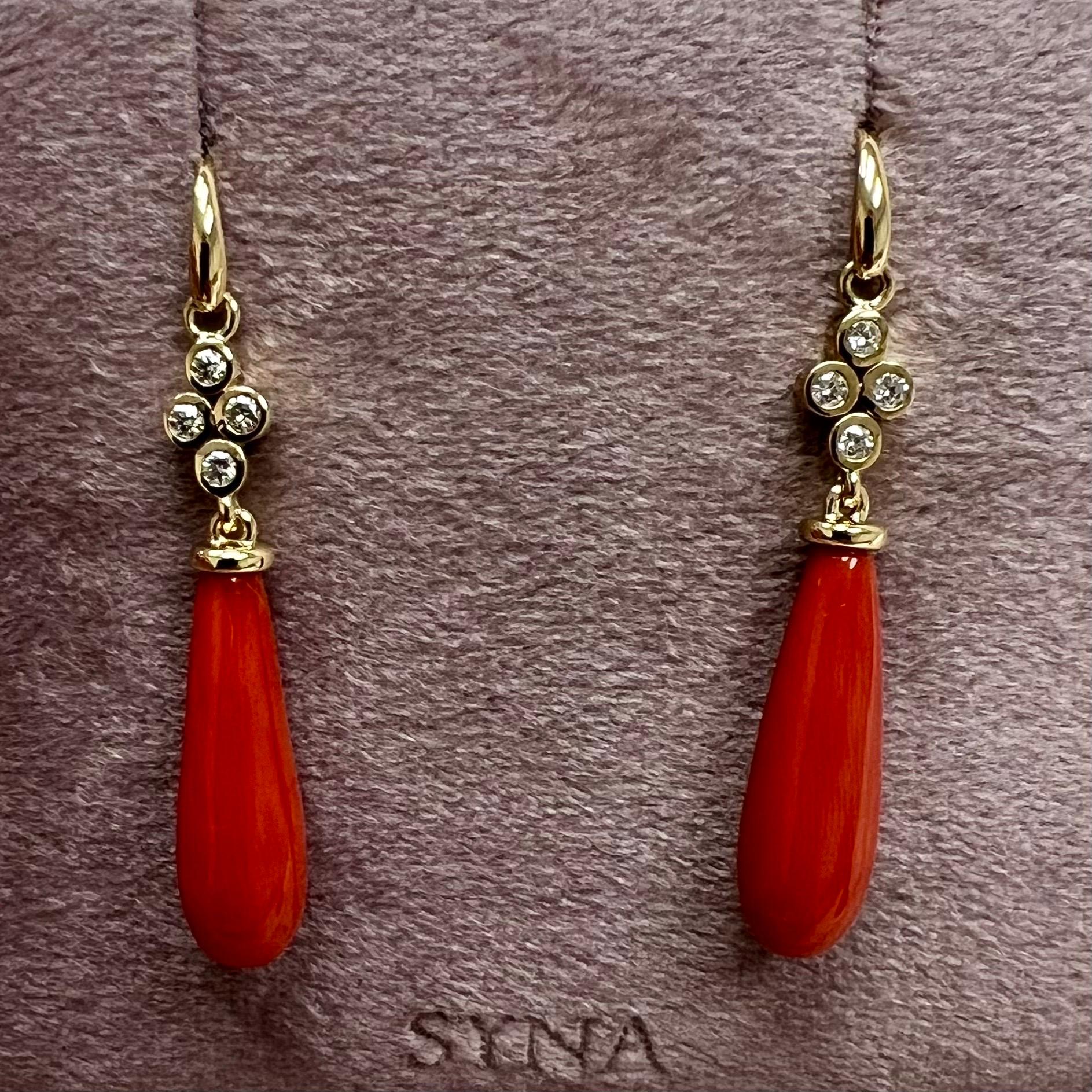 Mixed Cut Syna Yellow Gold Coral Long Drop Earrings with Diamonds For Sale