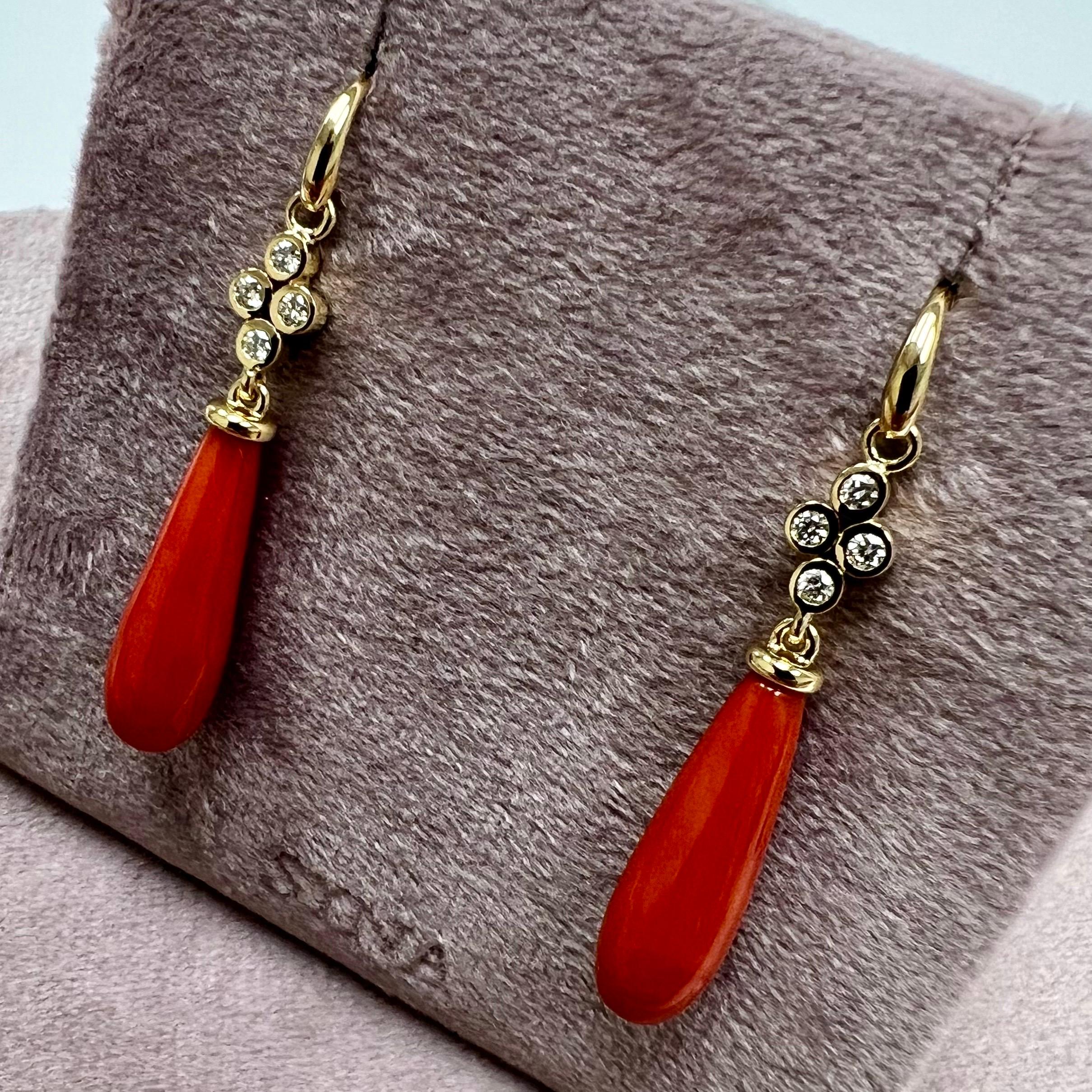 Women's Syna Yellow Gold Coral Long Drop Earrings with Diamonds For Sale