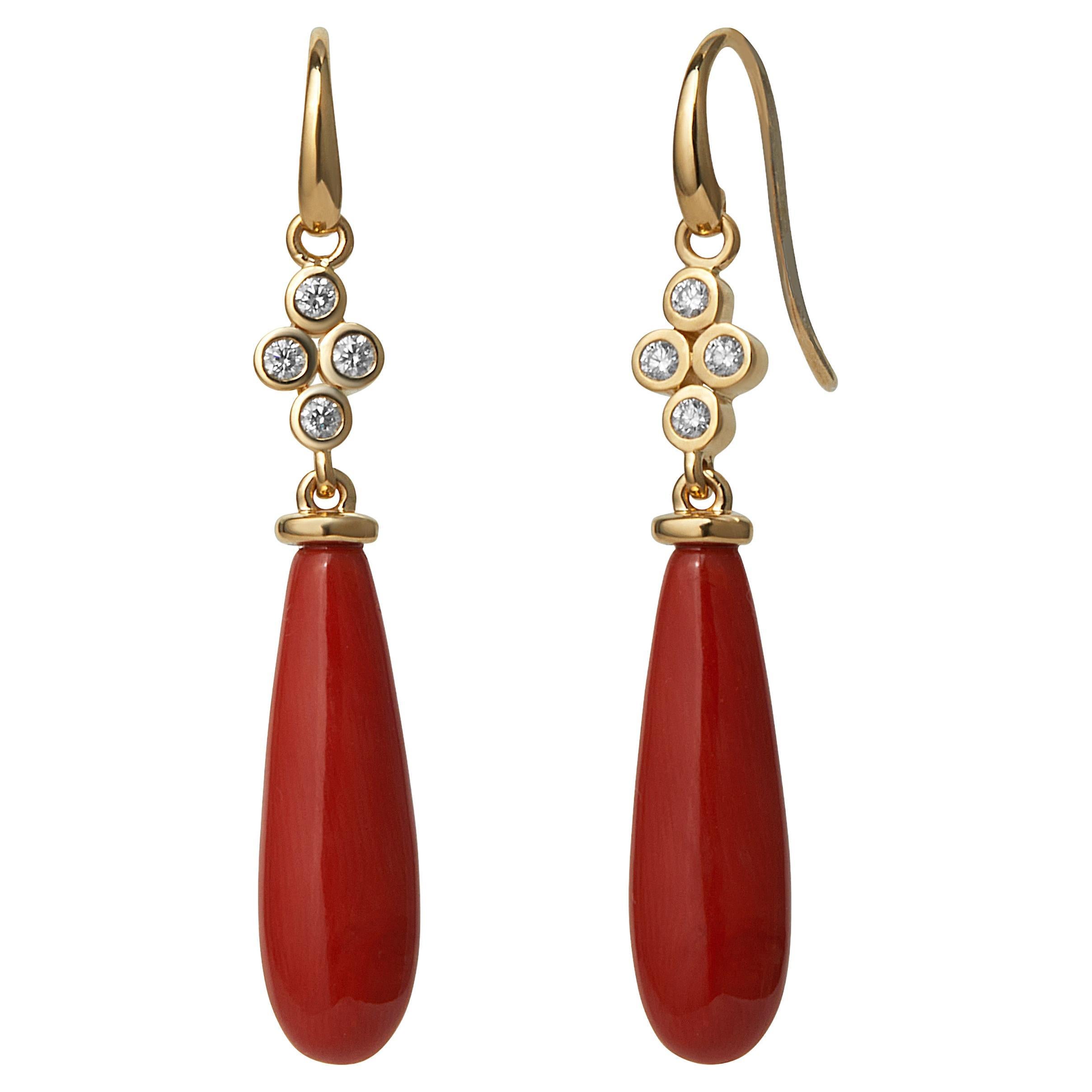 Syna Yellow Gold Coral Long Drop Earrings with Diamonds For Sale
