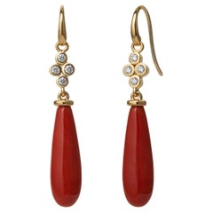 Syna Yellow Gold Coral Long Drop Earrings with Diamonds