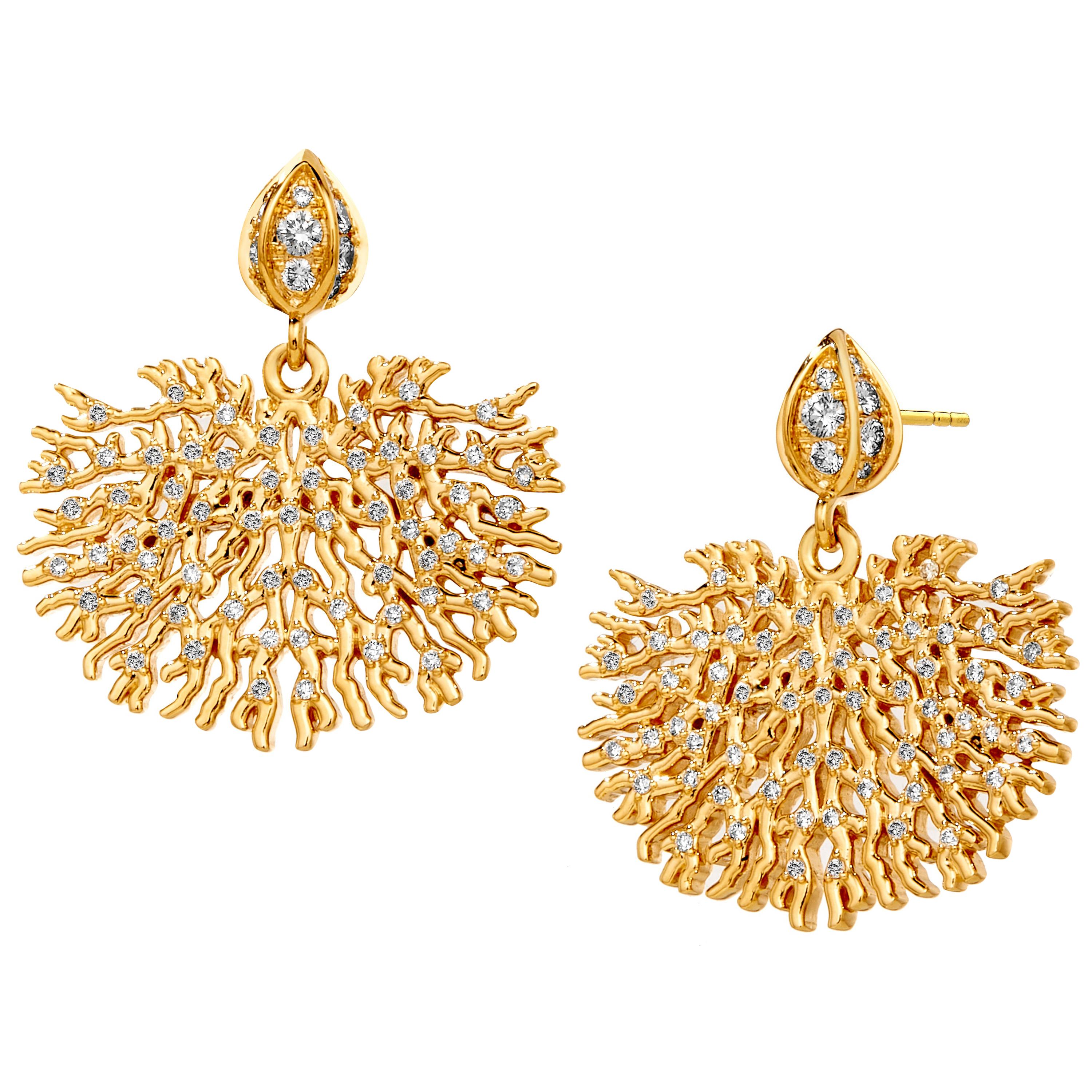 Syna Yellow Gold Coral Reef Earrings with Diamonds For Sale