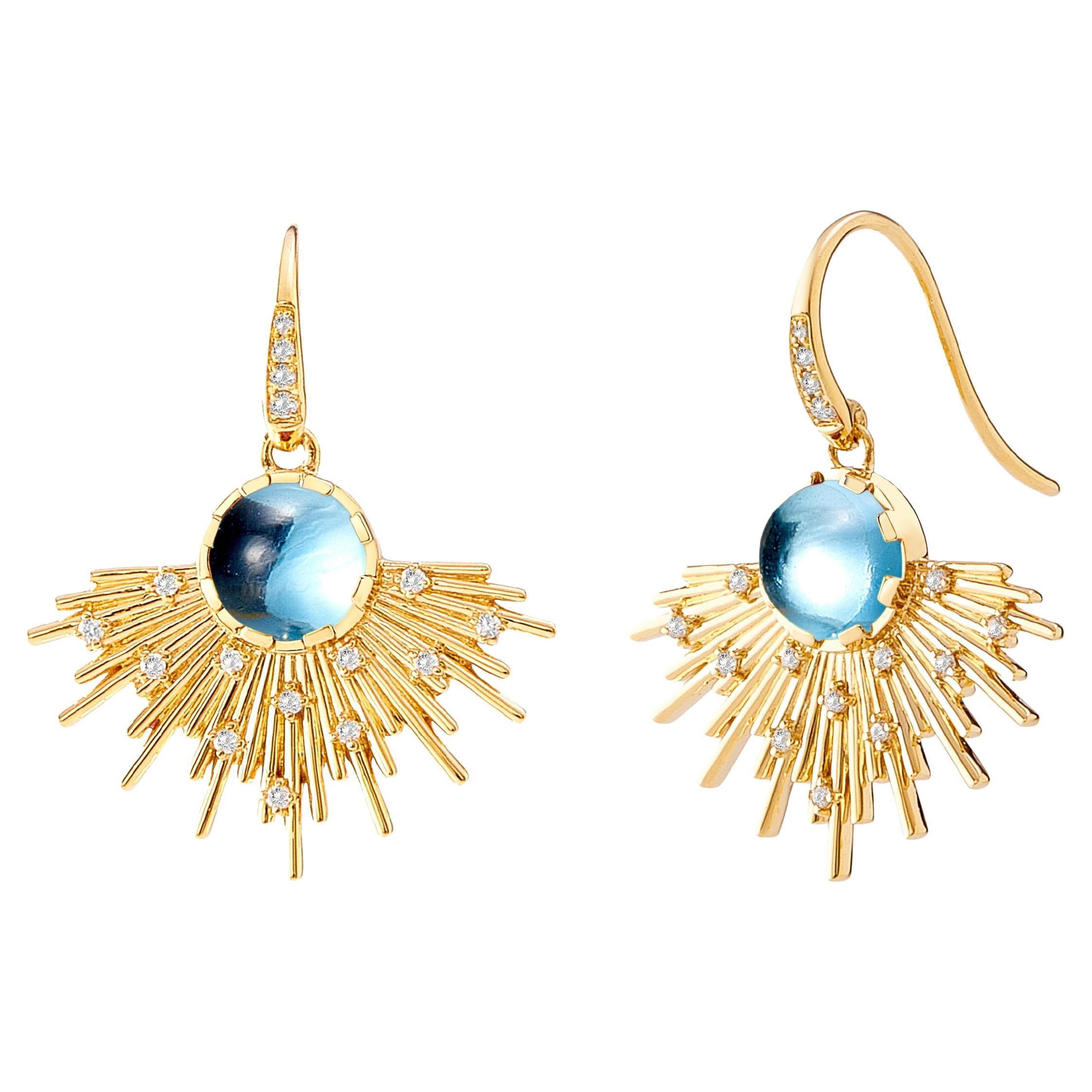 Syna Yellow Gold Cosmic Blue Topaz Earrings with Diamonds For Sale