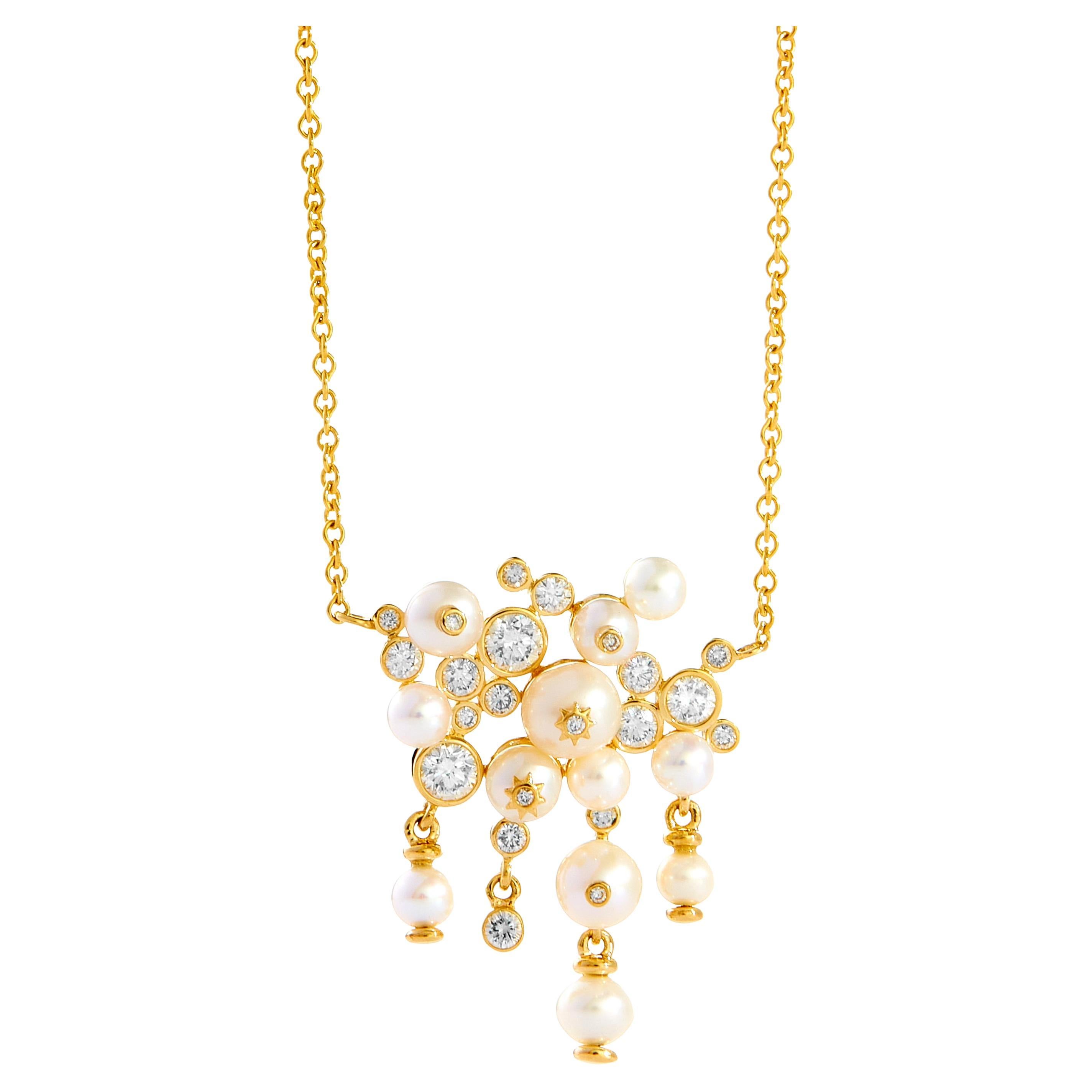 Syna Yellow Gold Cosmic Cluster Necklace with Pearls and Diamonds For Sale