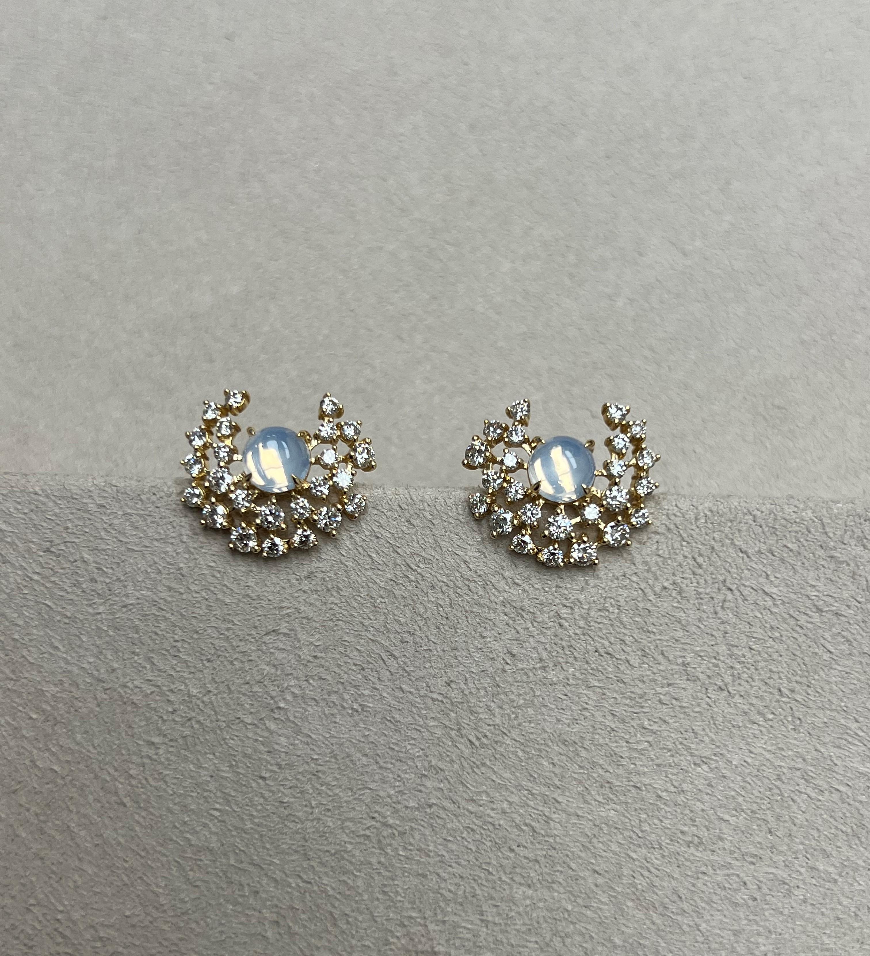 Created in 18 karat yellow gold
Moon quartz 2 carats approx.
Diamonds 1.80 carats approx.
18kyg butterfly backs

Created in 18 karat yellow gold, our Cosmic Gemstone Dangle Earrings shimmer with moon quartz 2 carats and diamonds 1.80 carats. These