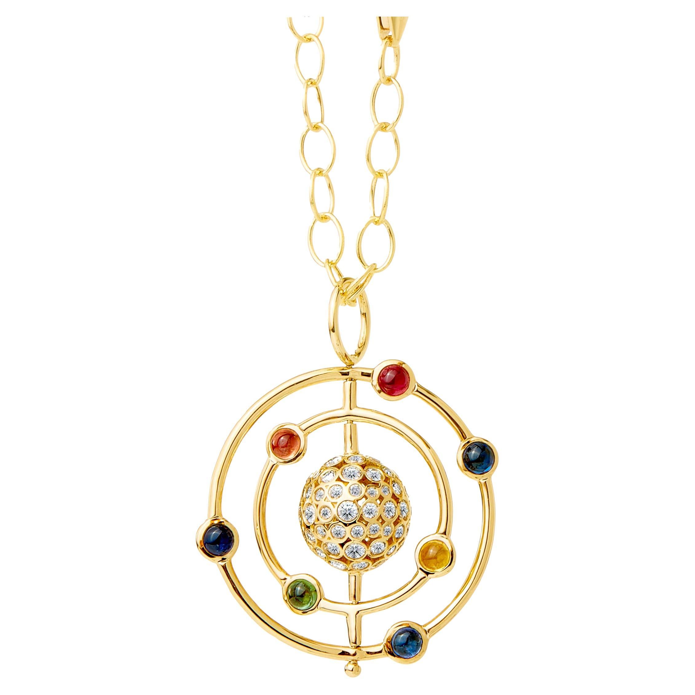 Syna Yellow Gold Cosmic Multicolor Sapphire Pendant with Diamonds For Sale