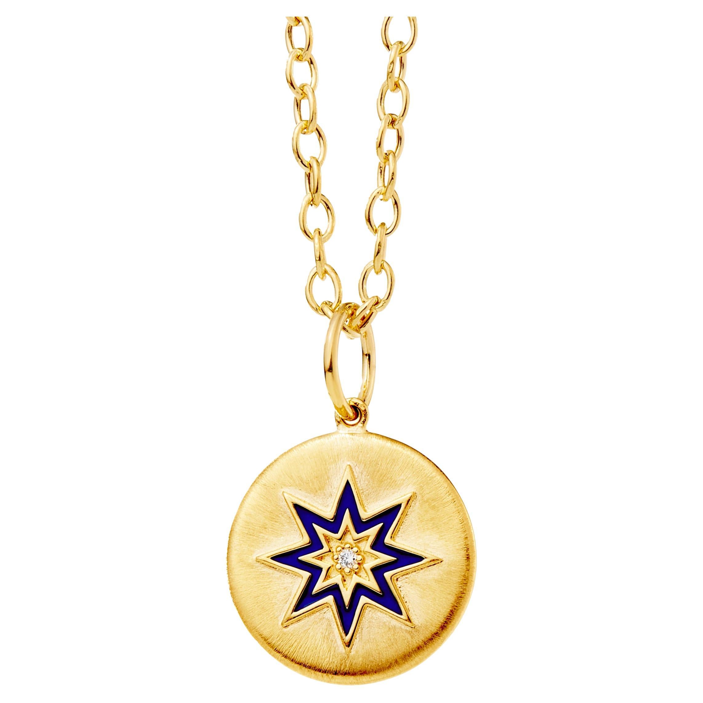 Syna Yellow Gold Cosmic North Star Lapis Enamel Pendant with Diamond For Sale