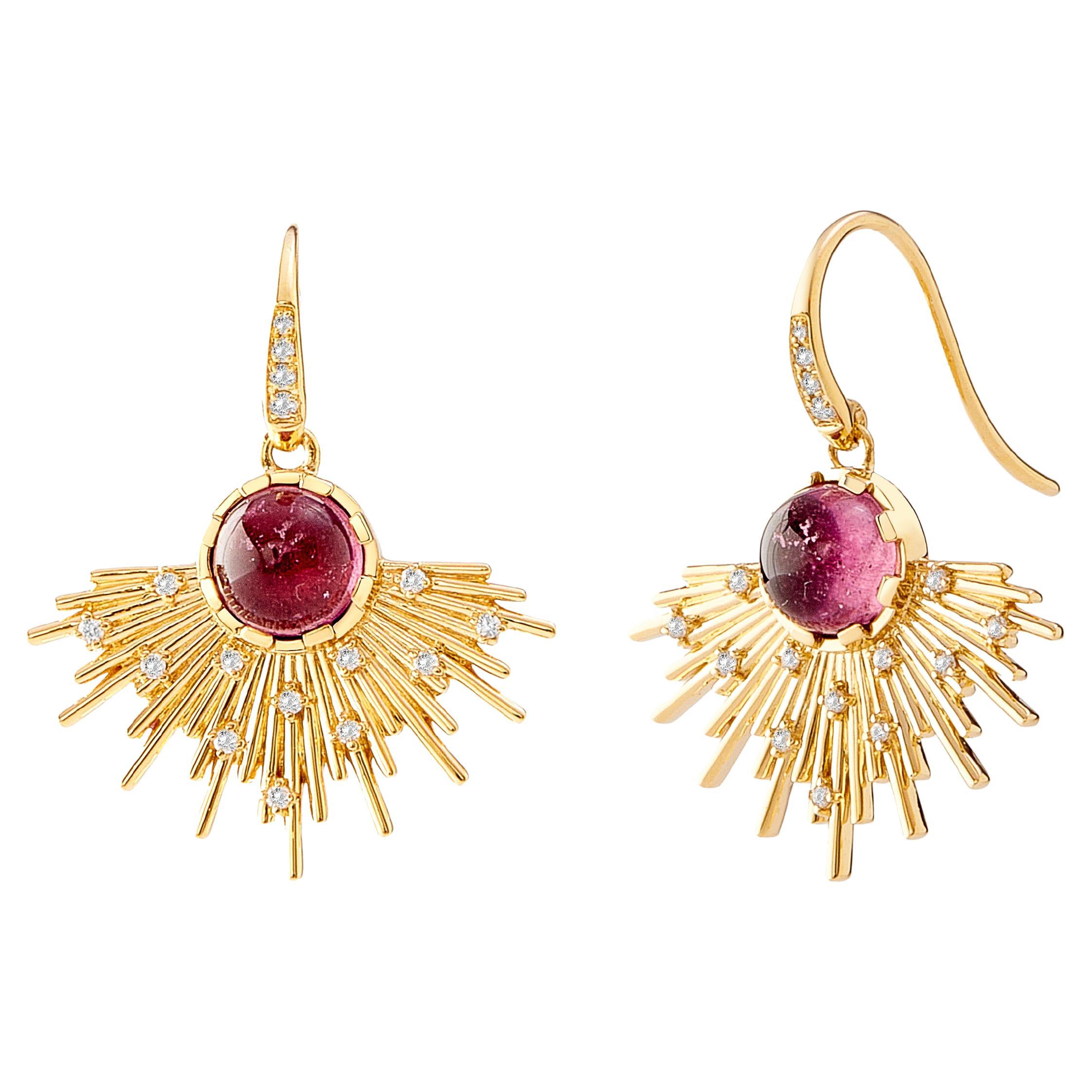 Syna Yellow Gold Cosmic Pink Tourmaline Earrings with Diamonds For Sale