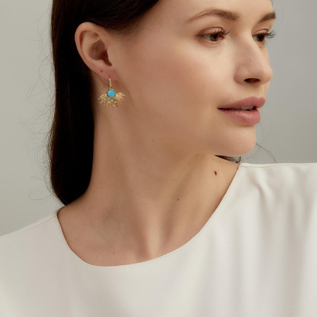 Contemporary Syna Yellow Gold Cosmic Sleeping Beauty Turquoise Earrings with Diamonds For Sale