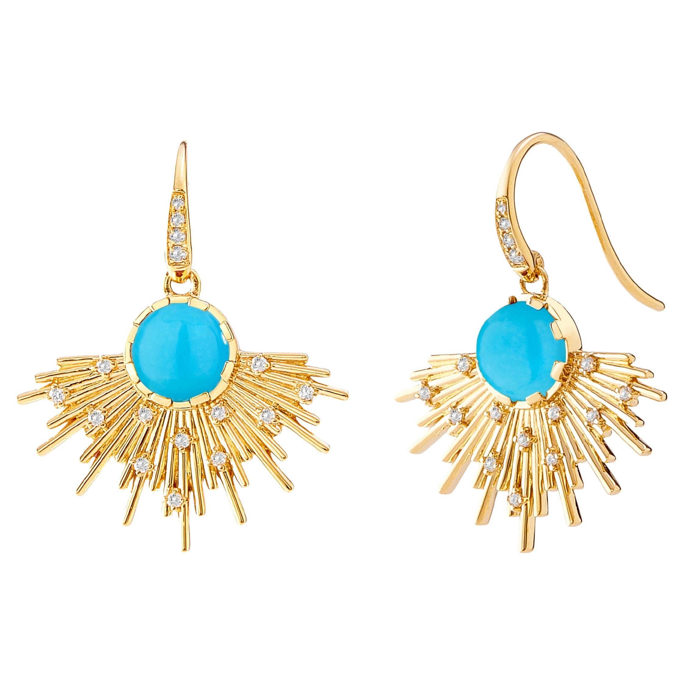 Syna Yellow Gold Cosmic Sleeping Beauty Turquoise Earrings with Diamonds For Sale