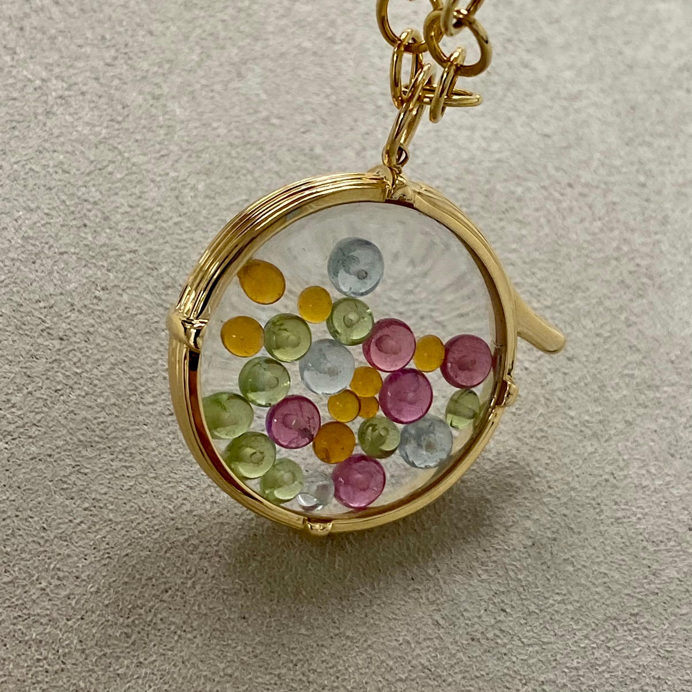 Contemporary Syna Yellow Gold Crystal Locket with Multi-Color Gemstone Beads