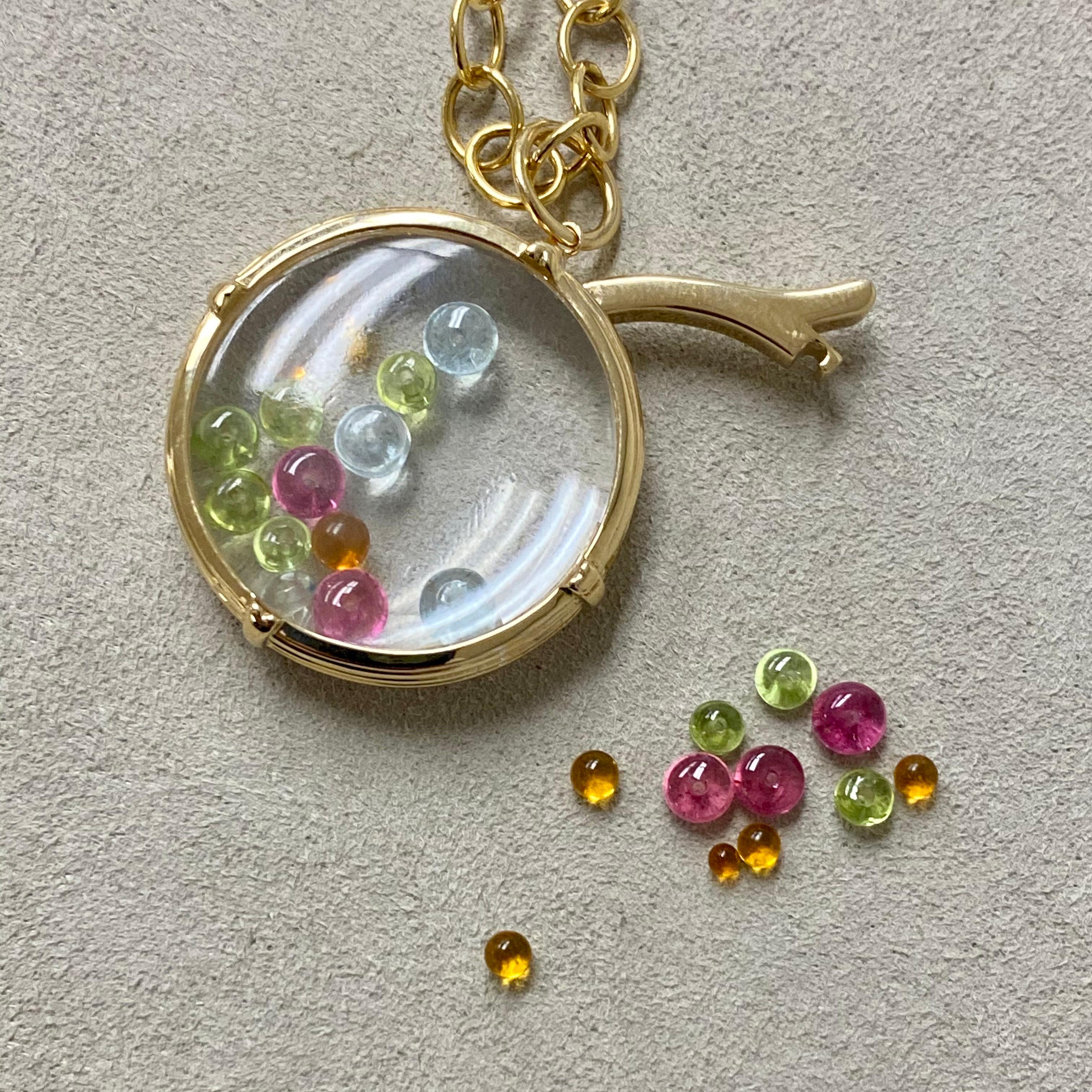 Round Cut Syna Yellow Gold Crystal Locket with Multi-Color Gemstone Beads