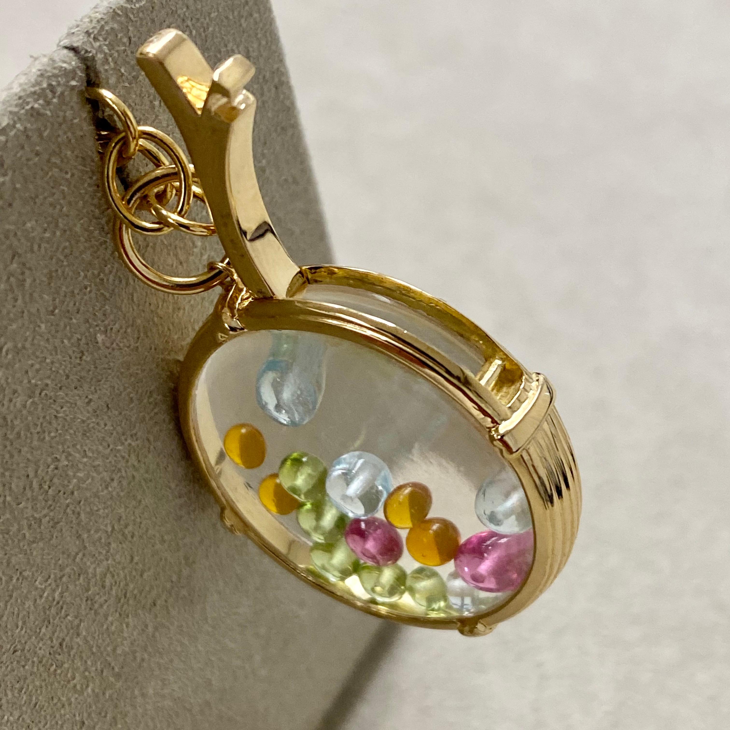 Syna Yellow Gold Crystal Locket with Multi-Color Gemstone Beads In New Condition In Fort Lee, NJ