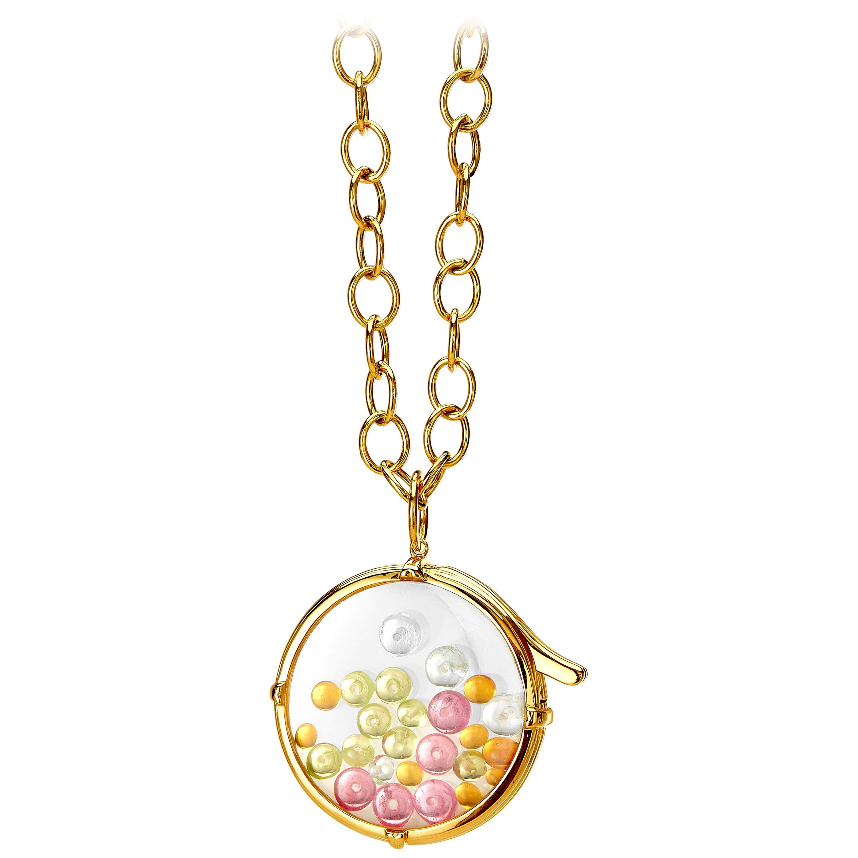Syna Yellow Gold Crystal Locket with Multi-Color Gemstone Beads