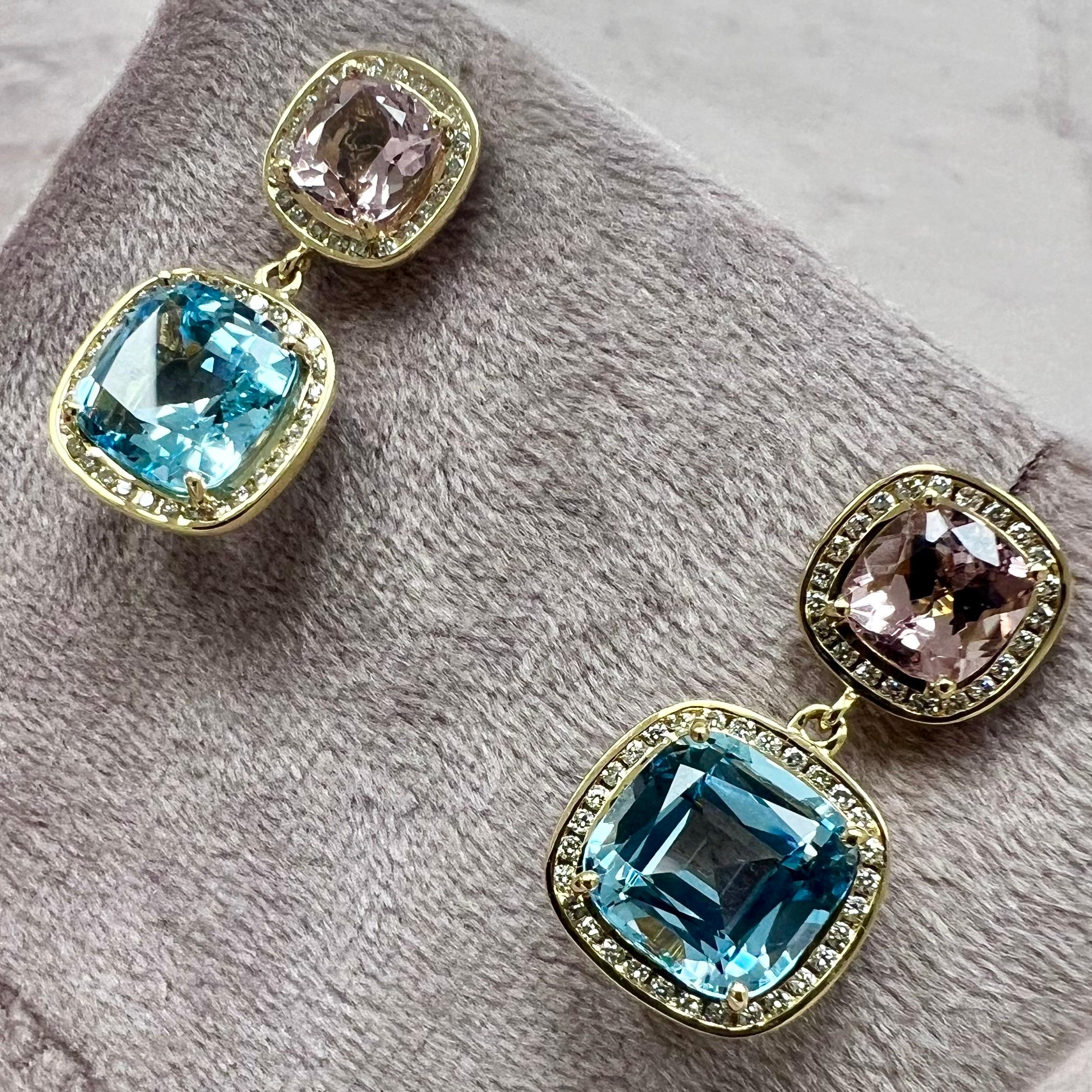 Creato in oro giallo 18 carati
Cuscini di topazio blu 11 carati circa.
Cuscini di morganite 3 carati circa.
Diamanti 0,60 carati circa.
Perni grandi da 18 kilogrammi per orecchie forate
Edizione limitata


Informazioni sui designer ~ Dharmesh &