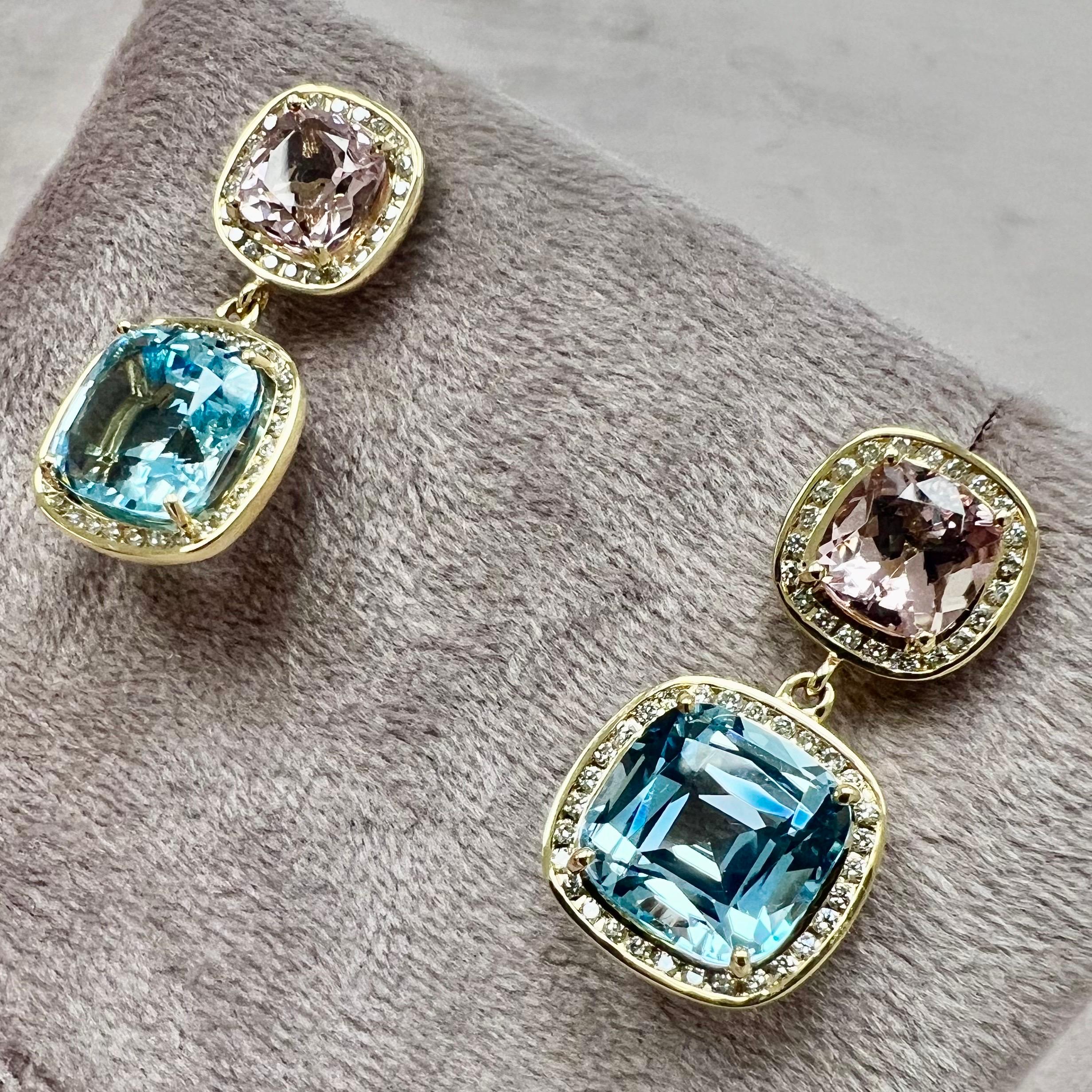 Taglio cuscino Orecchini a cuscino in oro giallo Syna con topazio blu, morganite e diamanti in vendita