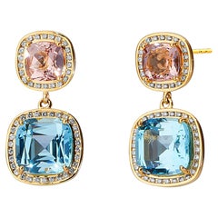Syna Yellow Gold Cushion Earrings with Blue Topaz, Morganite and Diamonds