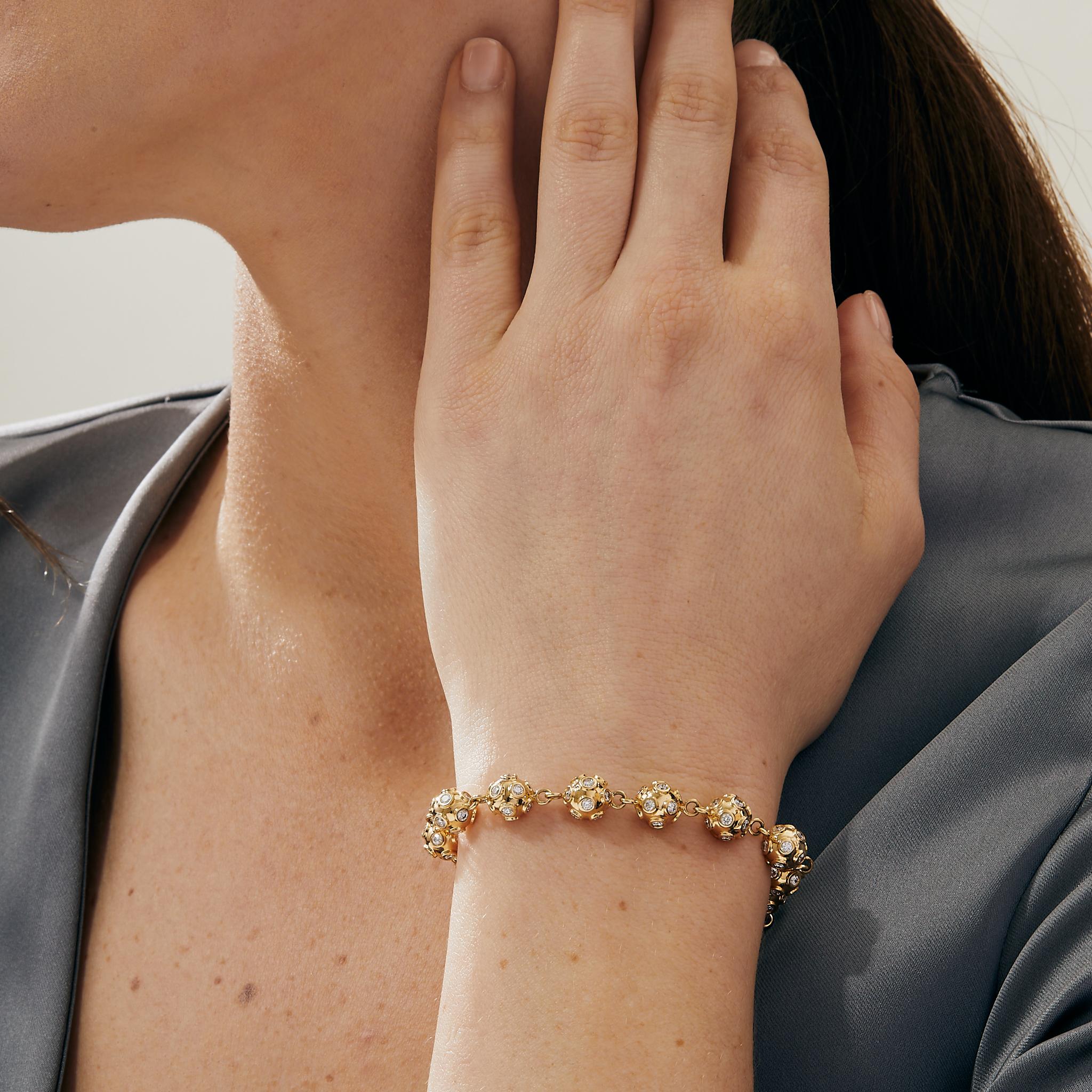 Round Cut Syna Yellow Gold Disco Ball Bracelet with Champagne Diamonds