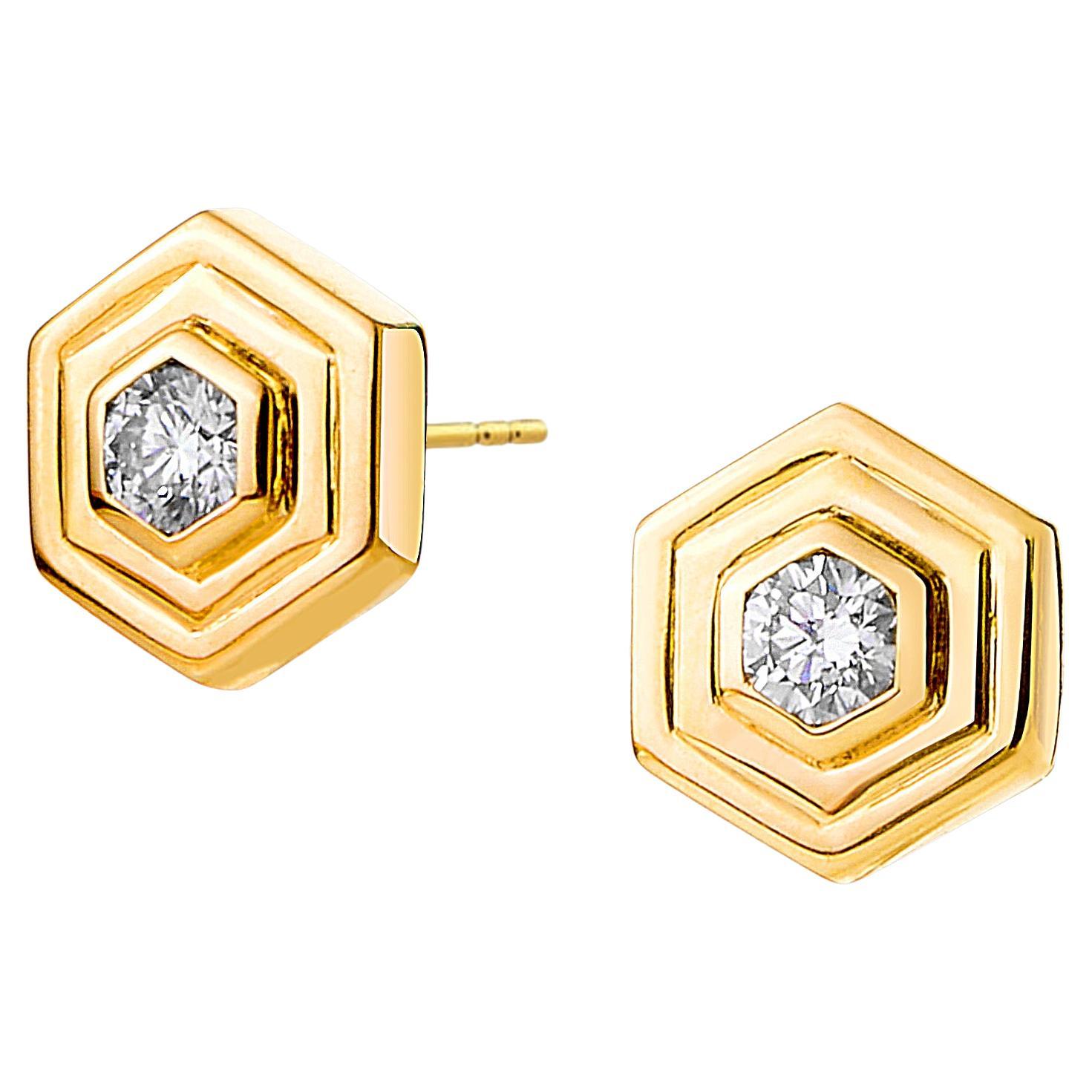 Syna Yellow Gold Double Bezel Hex Earrings with Diamonds