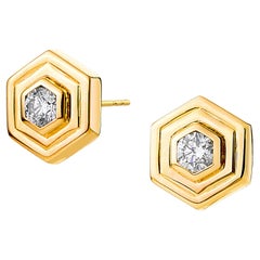 Syna Boucles d'oreilles hexagonales en or jaune à double lunette et diamants