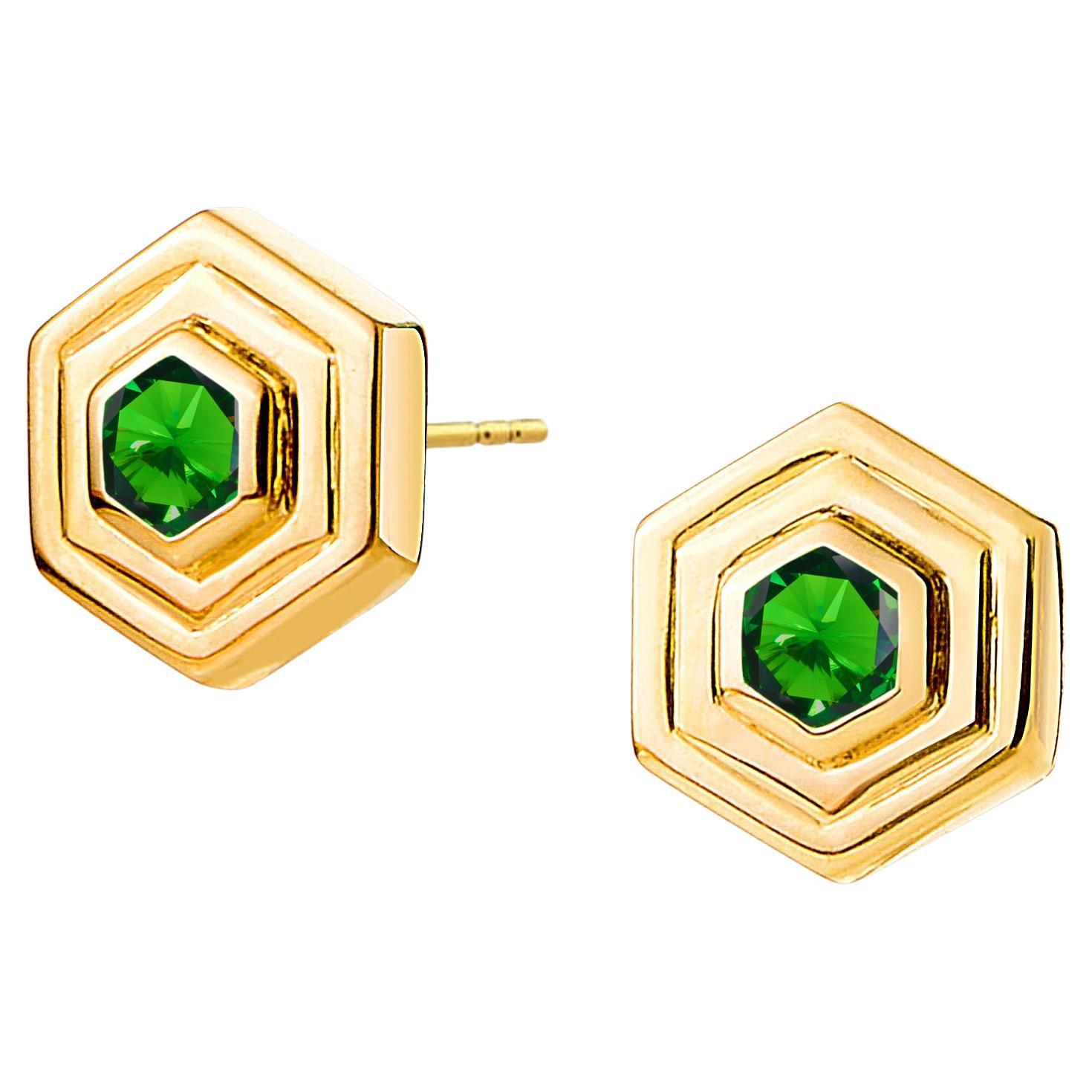 Syna Yellow Gold Double Bezel Hex Earrings with Emeralds For Sale