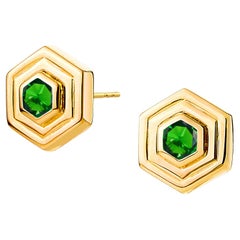 Syna Yellow Gold Double Bezel Hex Earrings with Emeralds