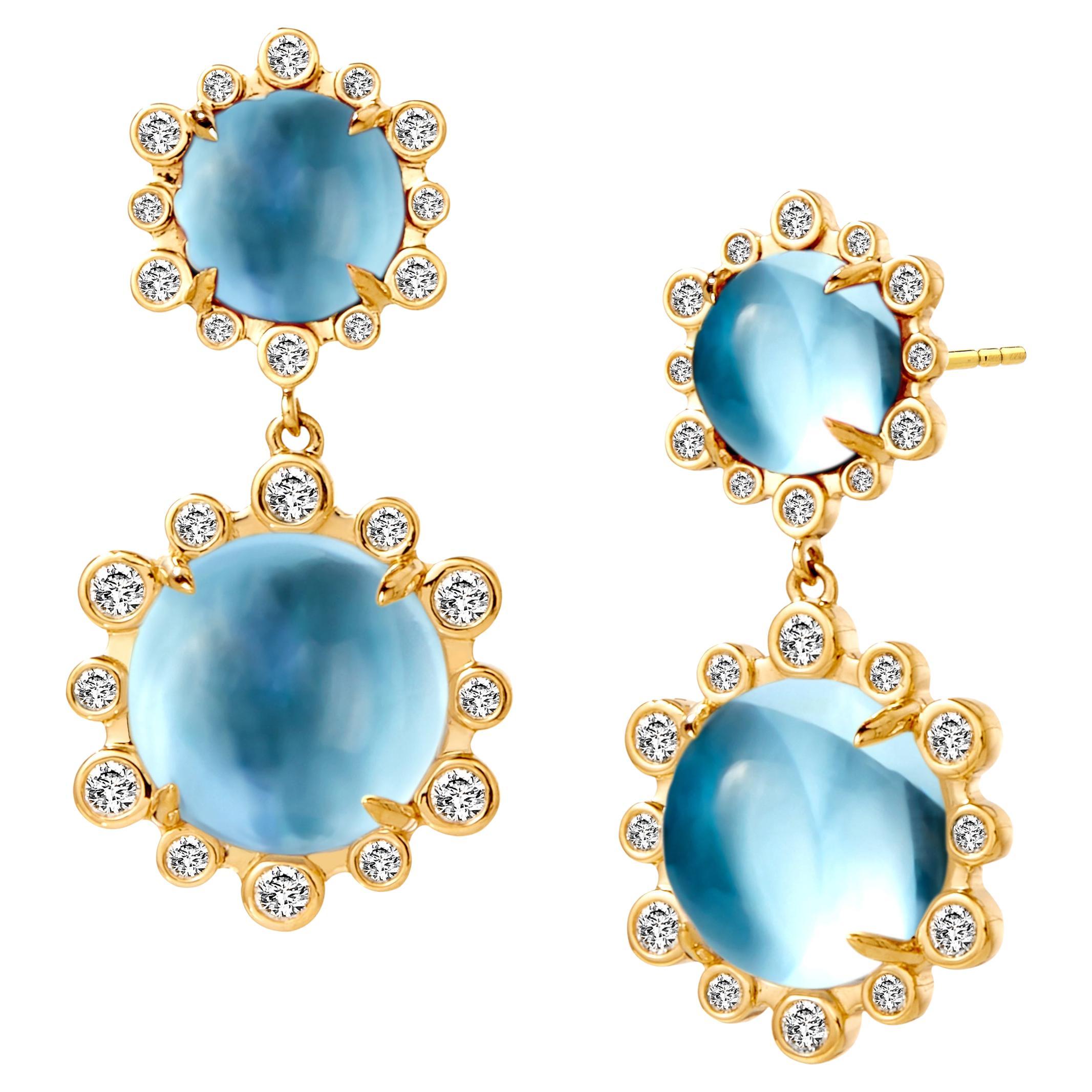 Syna Yellow Gold Double Drop Earrings with Blue Topaz and Diamonds For Sale