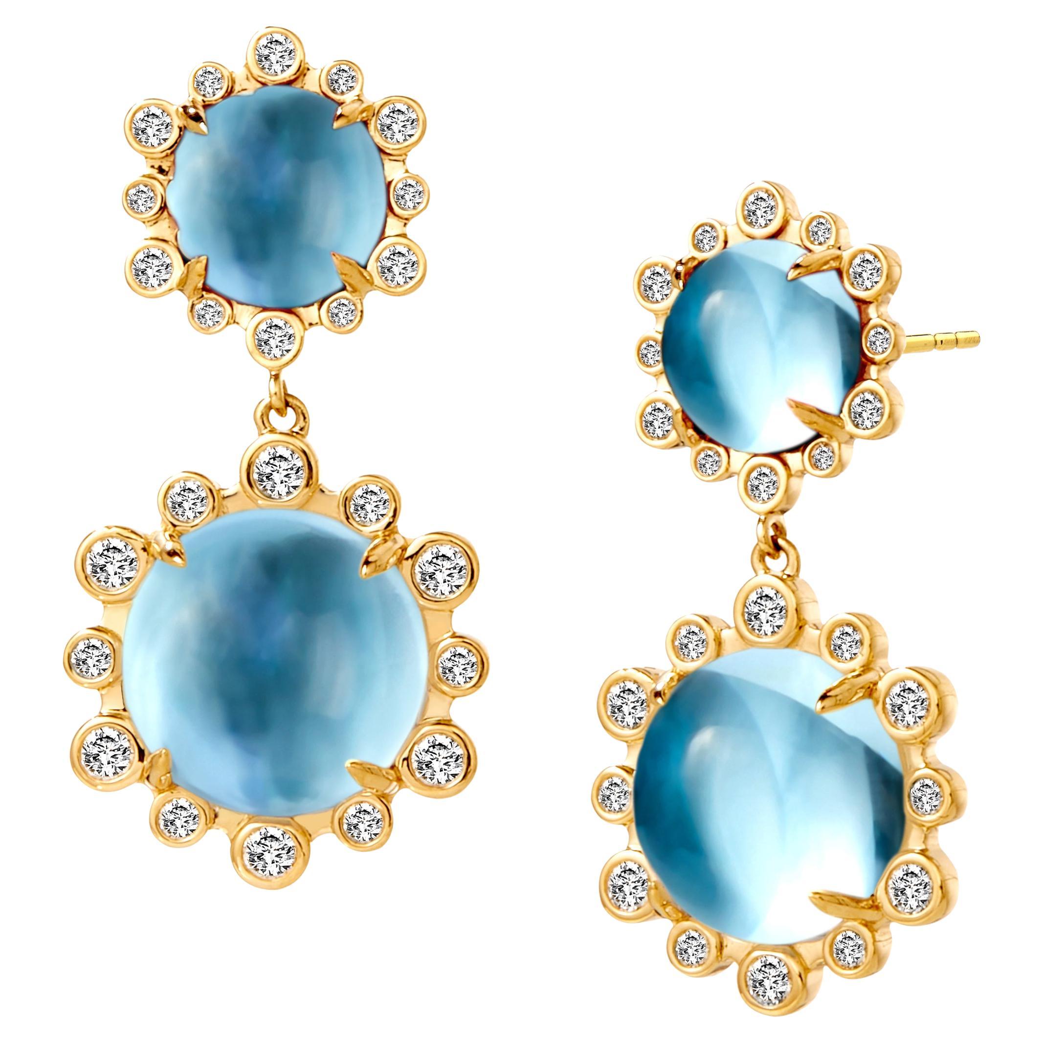 Syna Boucles d'oreilles doubles en or jaune avec topaze bleue et diamants en vente