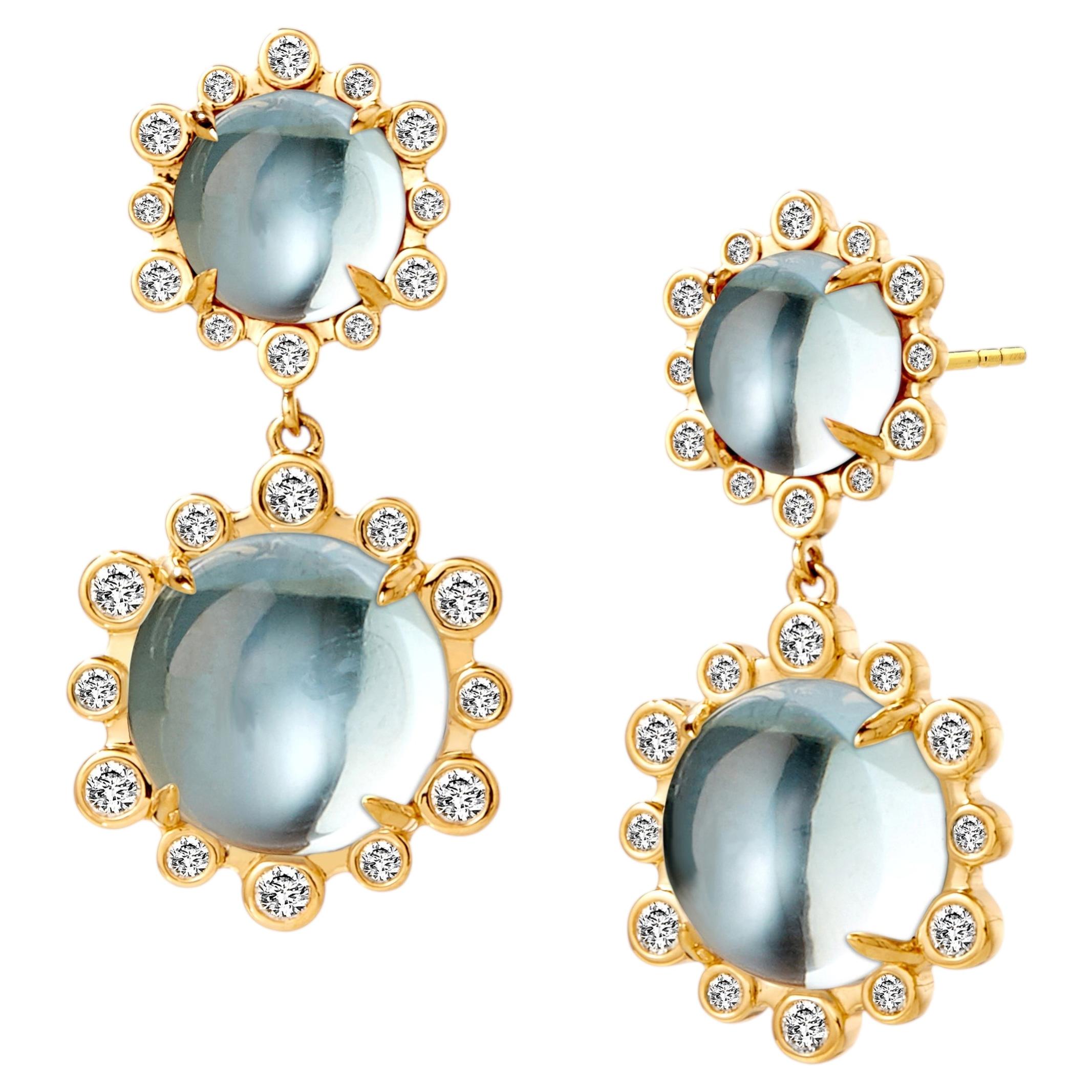 Syna Yellow Gold Double Drop Earrings with Blue Topaz and Diamonds
