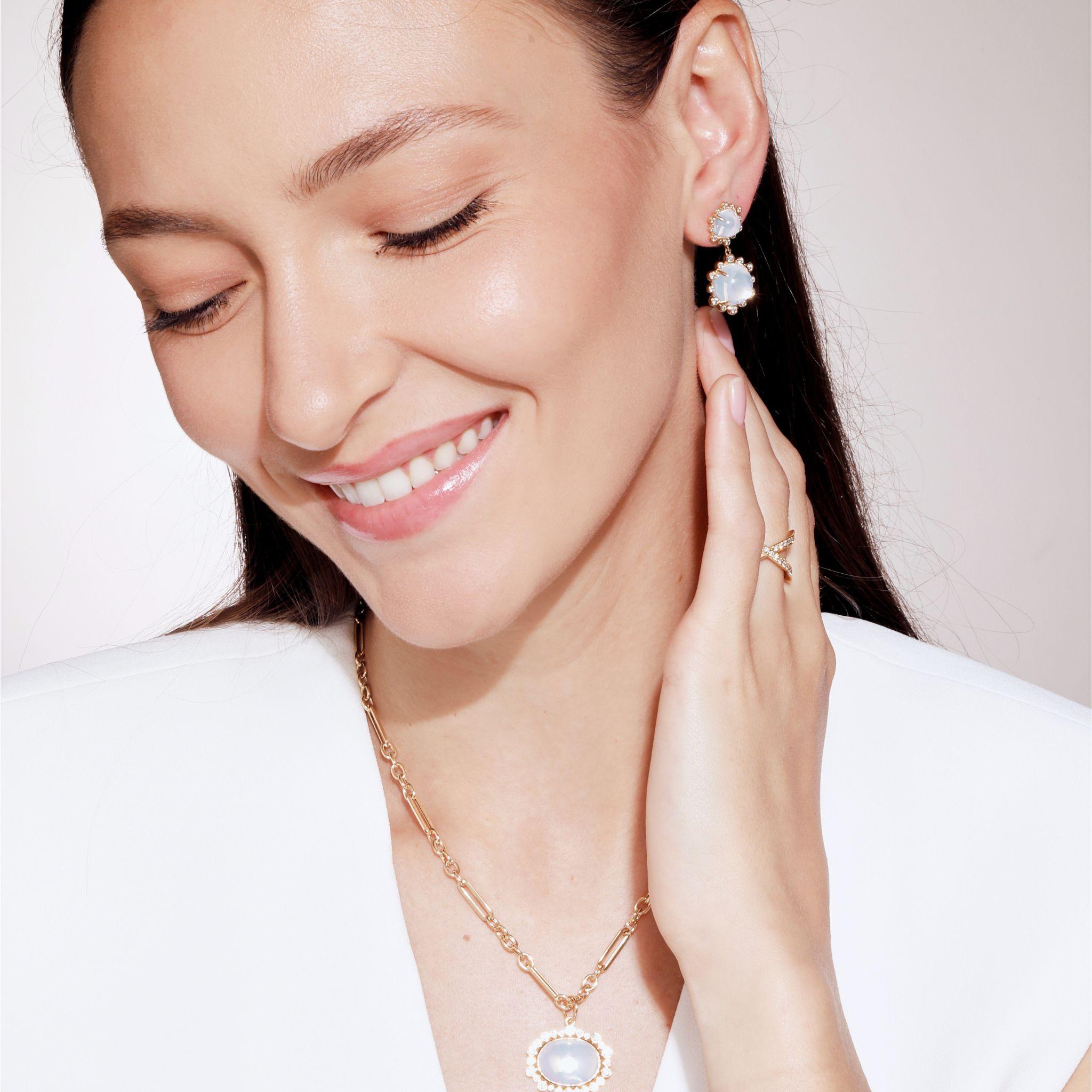 Contemporary Syna Yellow Gold Double Drop Earrings with Moon Quartz and Diamonds For Sale
