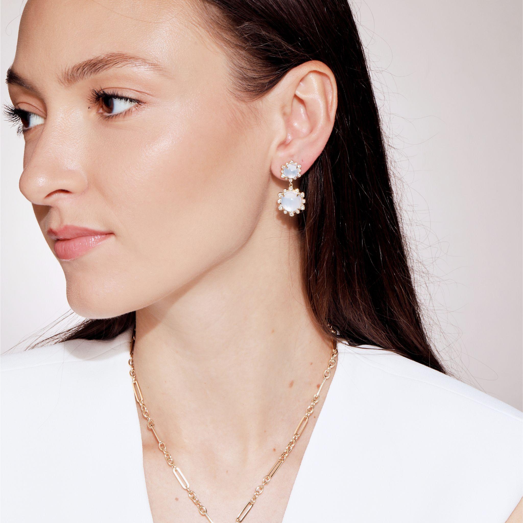 Mixed Cut Syna Yellow Gold Double Drop Earrings with Moon Quartz and Diamonds For Sale