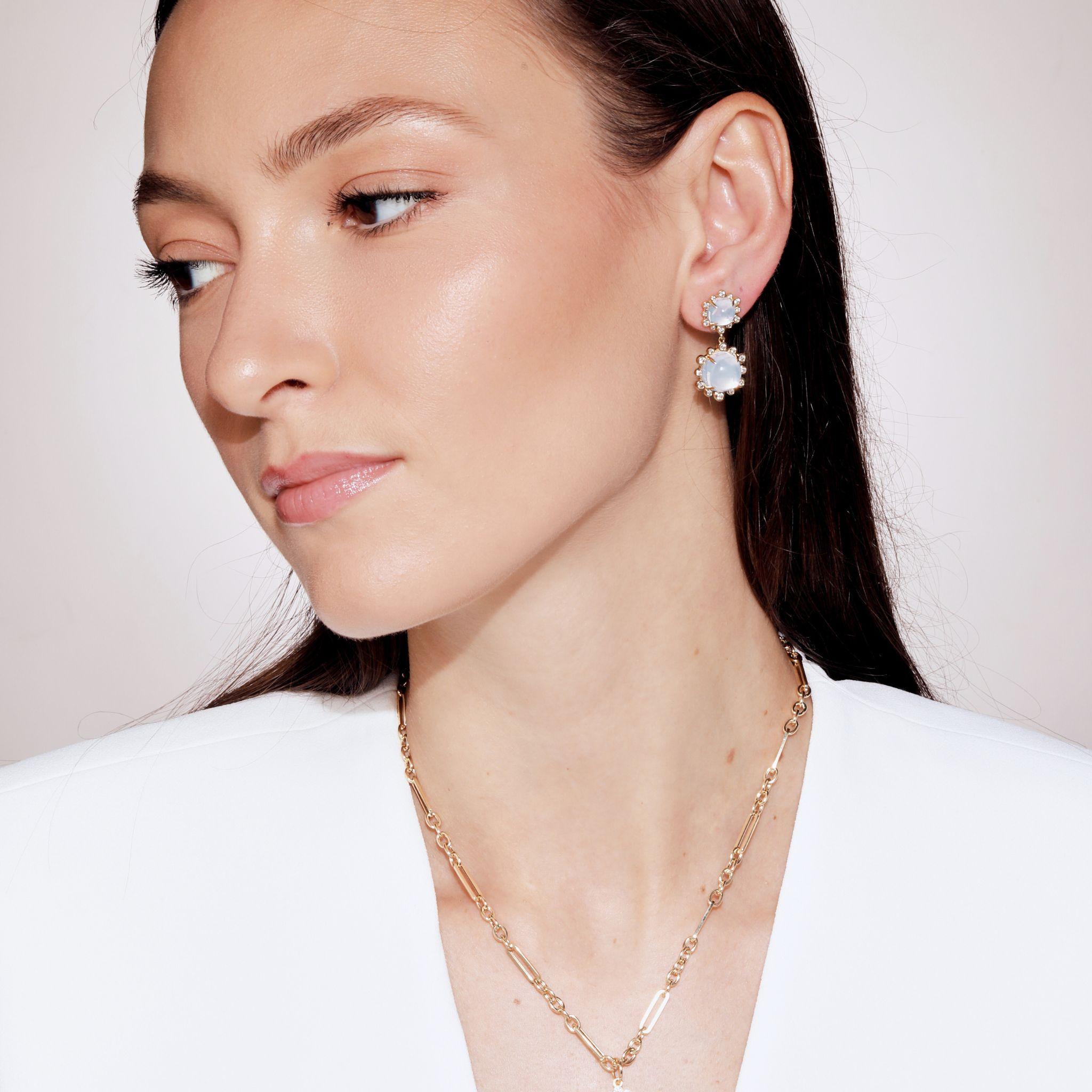 Syna Yellow Gold Double Drop Earrings with Moon Quartz and Diamonds In New Condition For Sale In Fort Lee, NJ