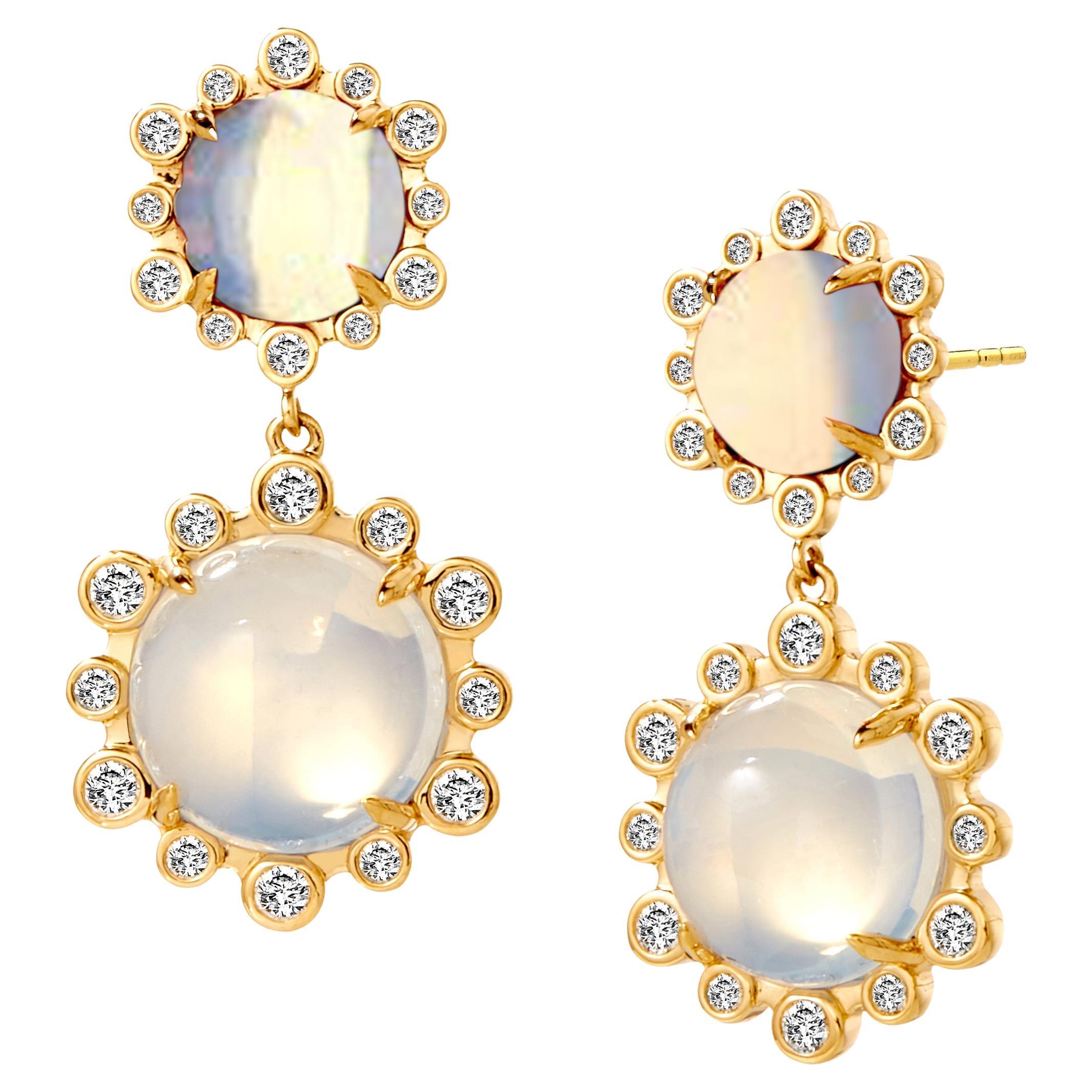 Syna Yellow Gold Double Drop Earrings with Moon Quartz and Diamonds