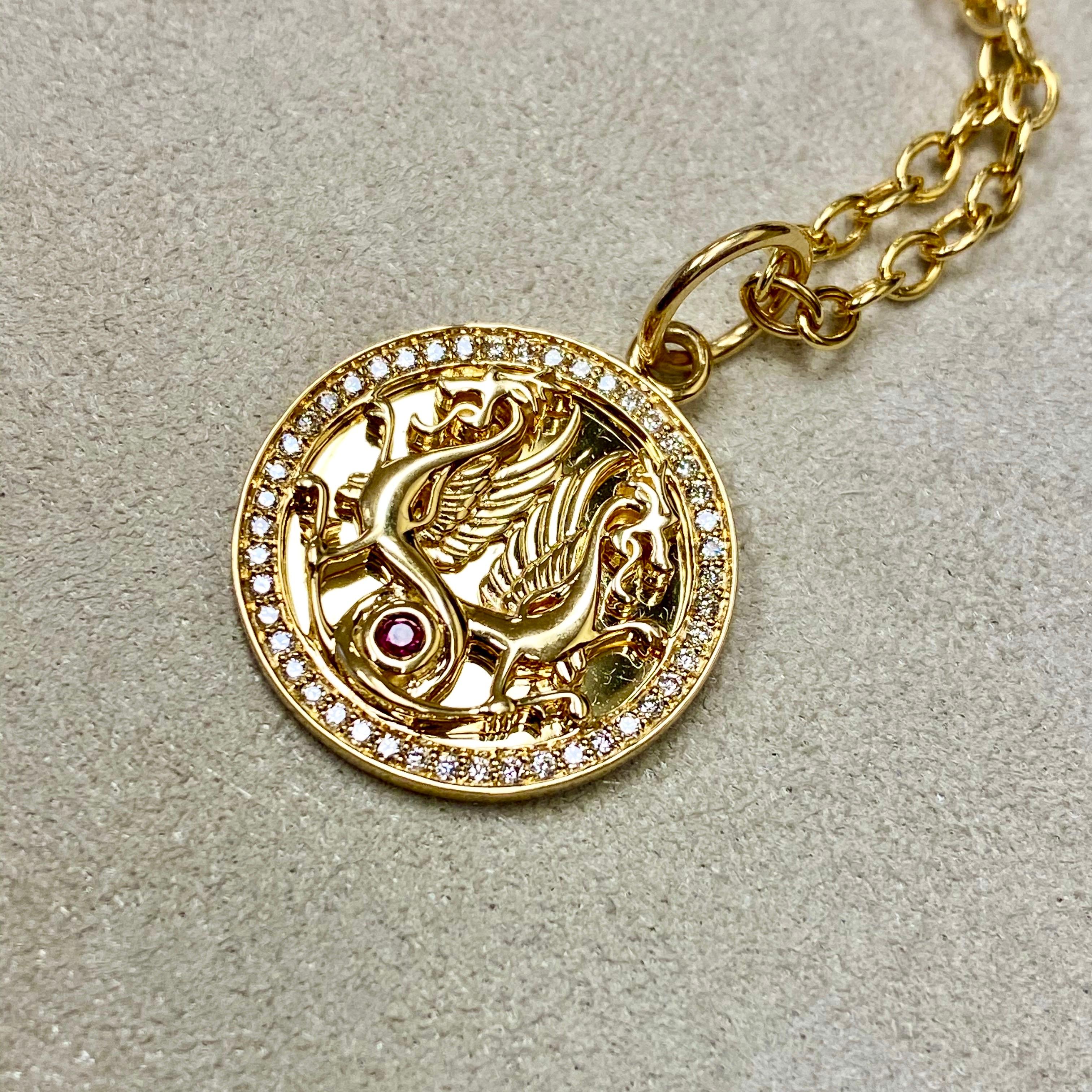 Contemporary Syna Yellow Gold Dragon Pendant with Ruby and Diamonds