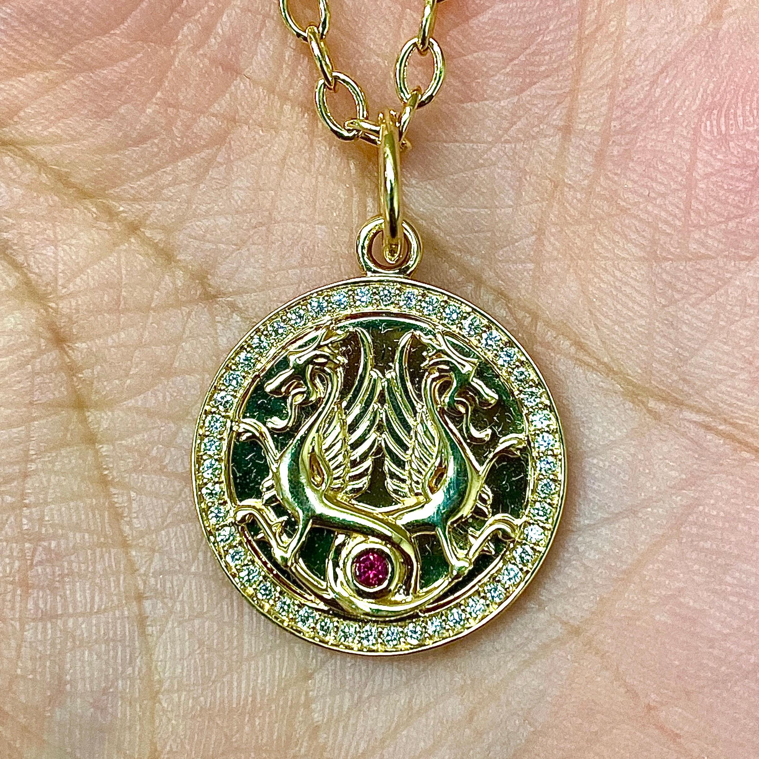 Round Cut Syna Yellow Gold Dragon Pendant with Ruby and Diamonds