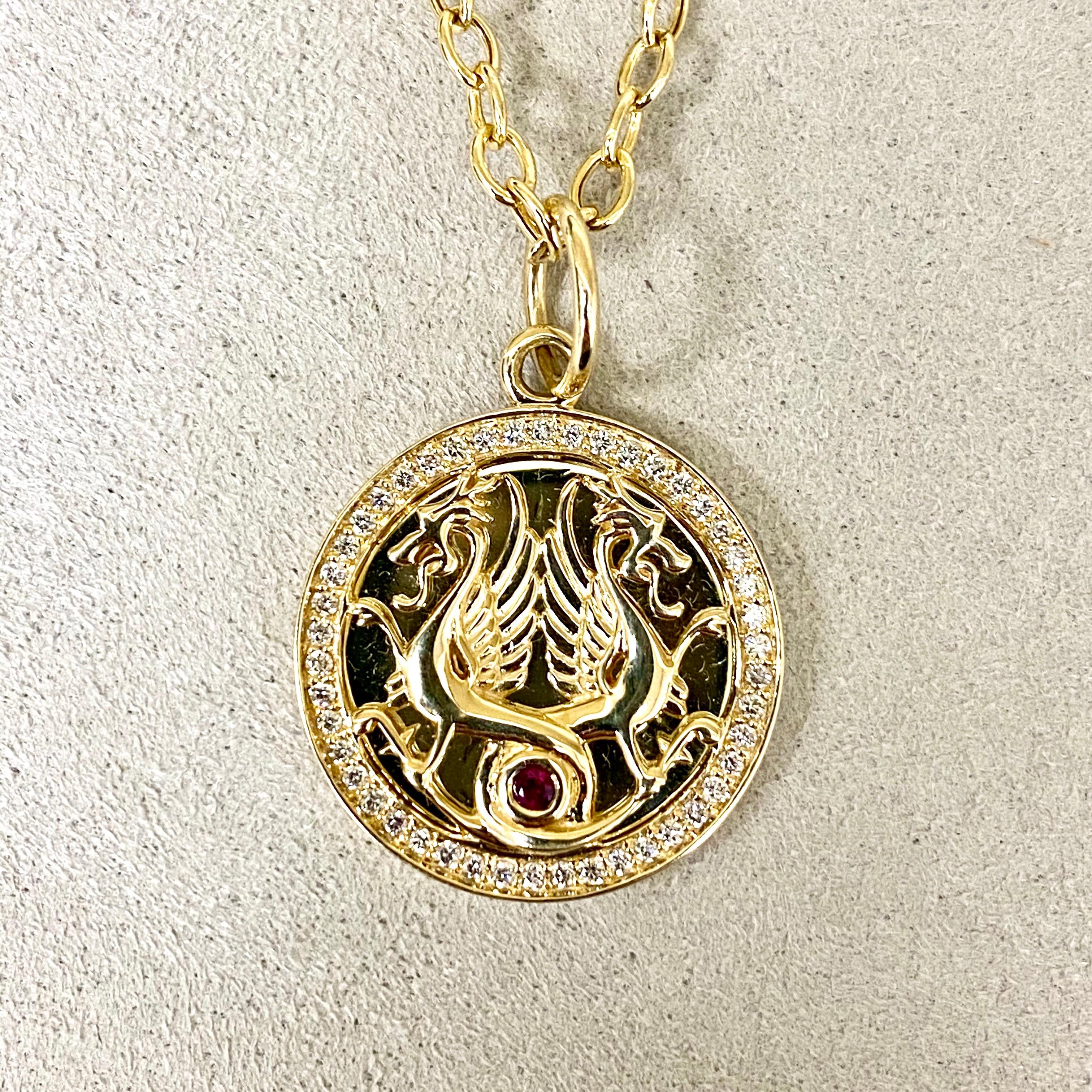 Syna Yellow Gold Dragon Pendant with Ruby and Diamonds In New Condition In Fort Lee, NJ