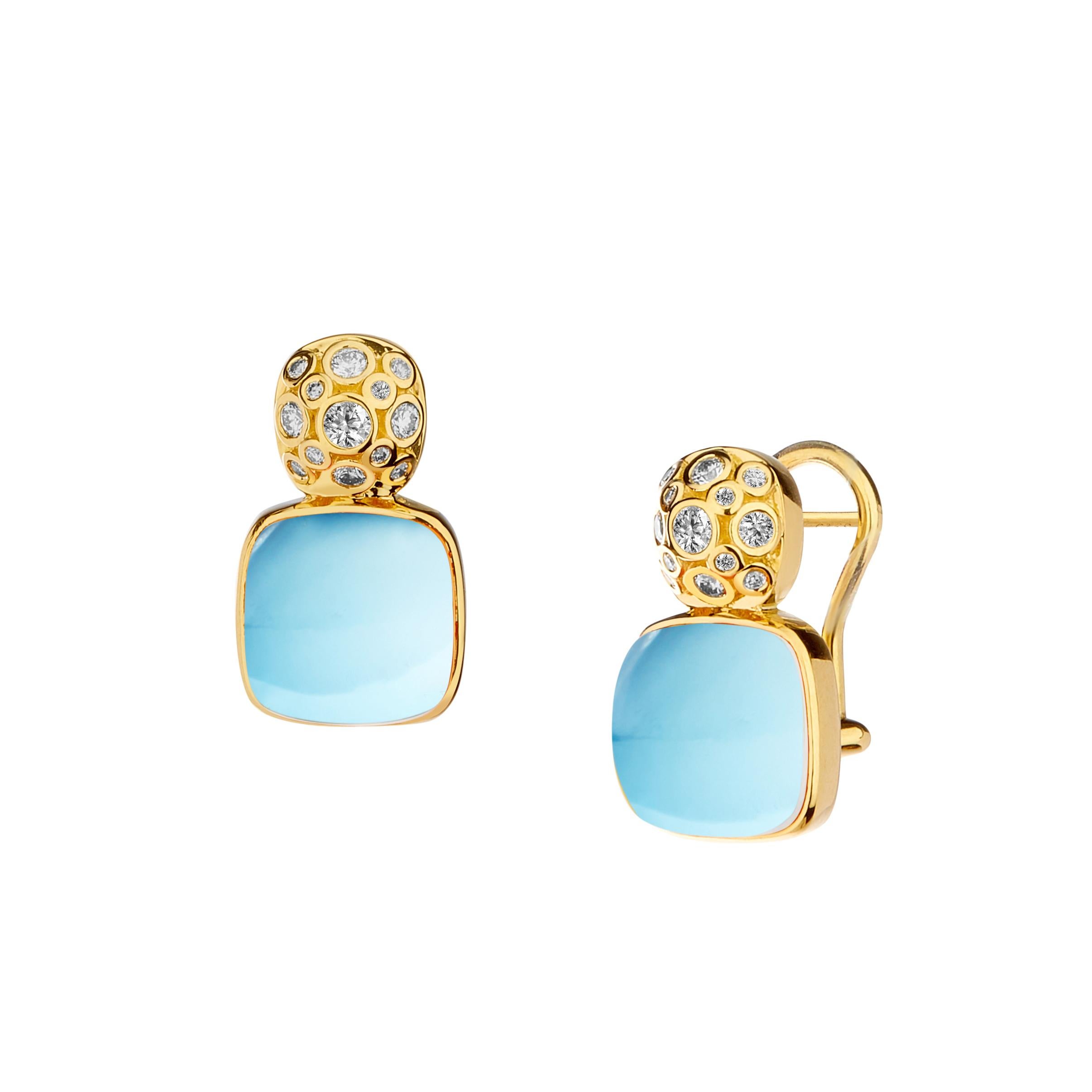 Syna-Ohrringe aus Gelbgold mit blauem Topas und Diamanten (Zeitgenössisch) im Angebot