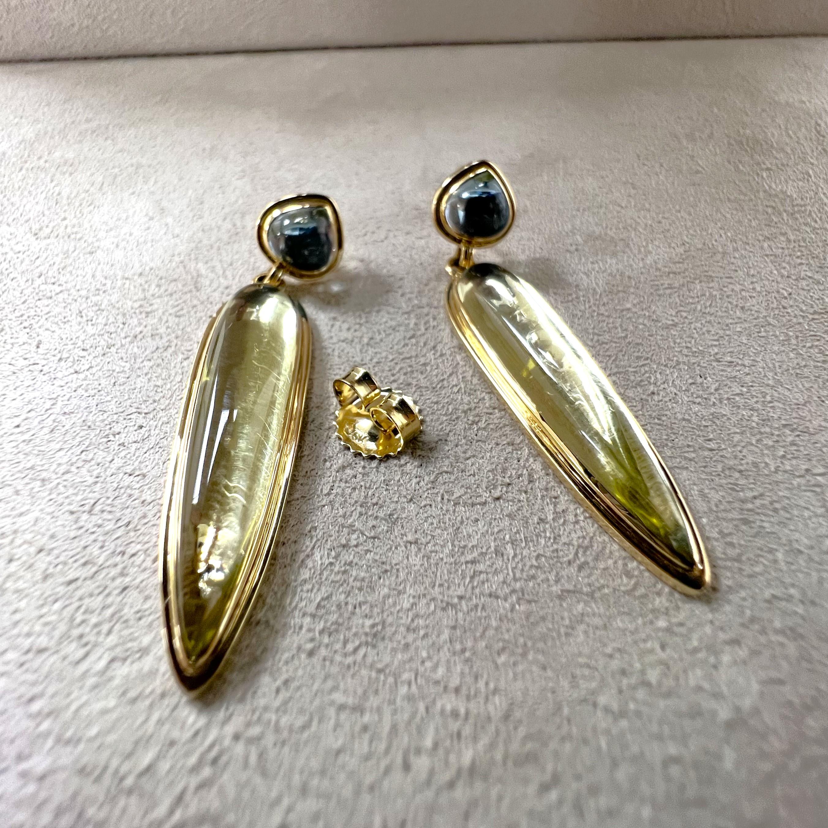 Contemporary Syna Yellow Gold Earrings with Blue Topaz and Lemon Quartz