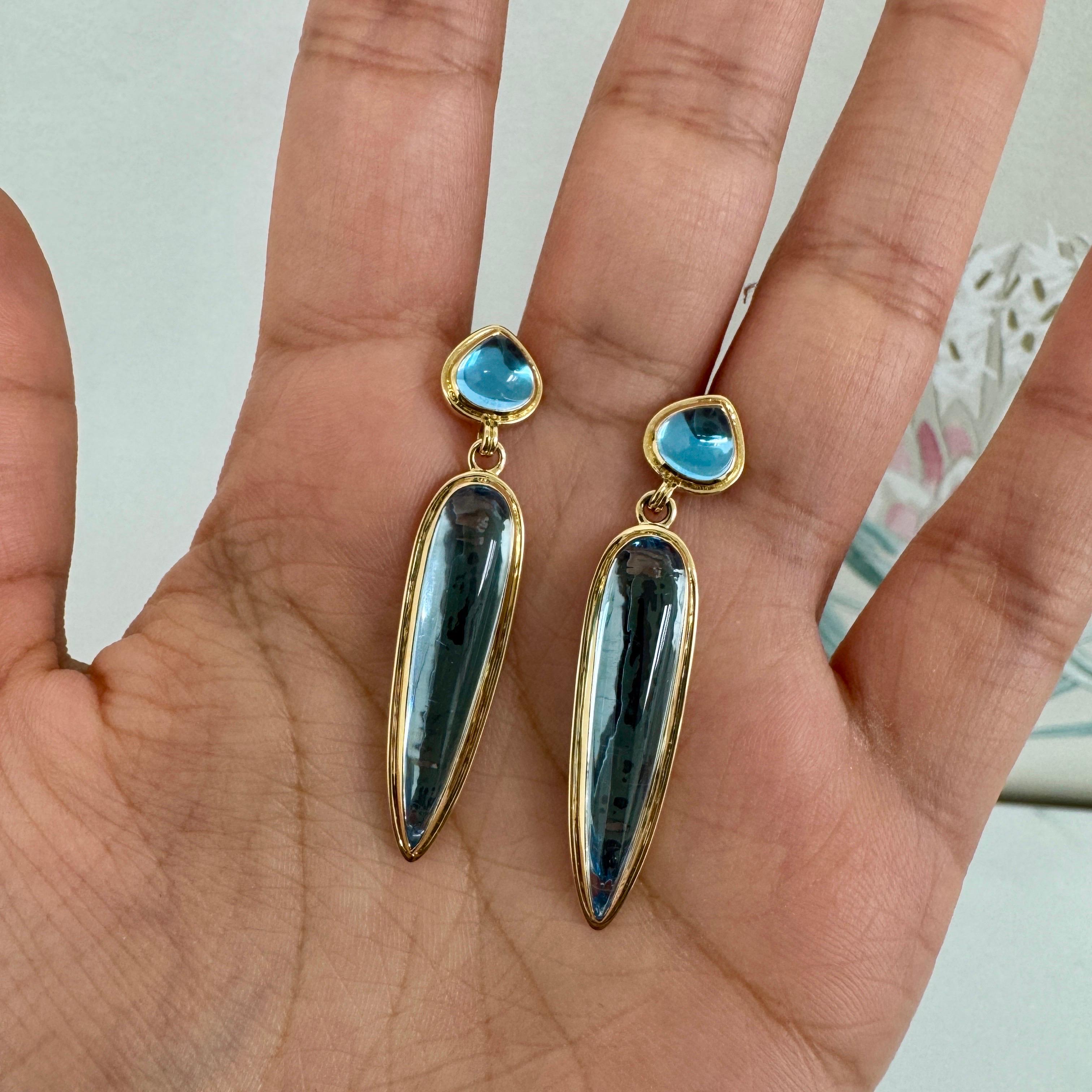 Mixed Cut Syna Yellow Gold Earrings with Blue Topaz For Sale