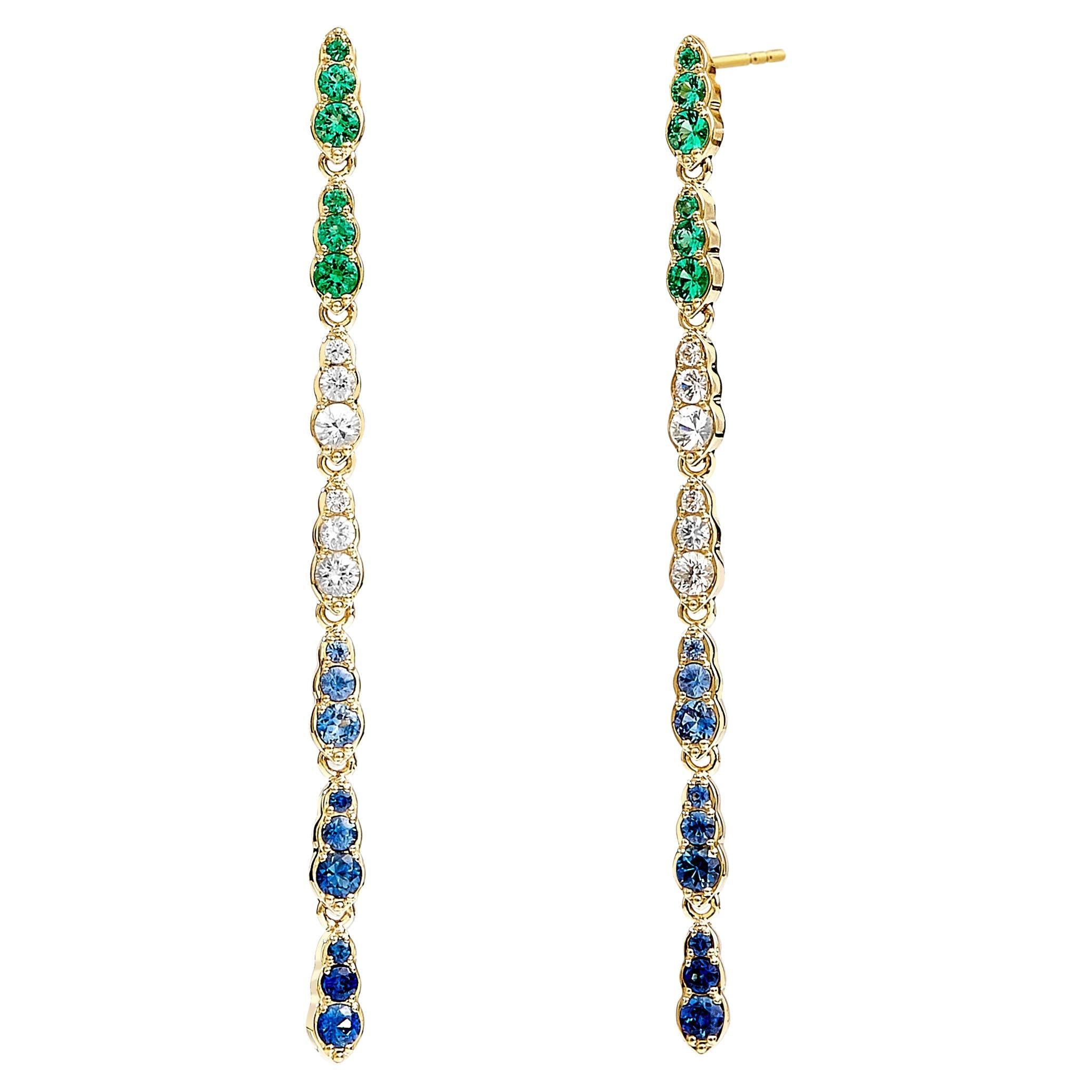 Syna Yellow Gold Earrings with Emeralds and Sapphires For Sale