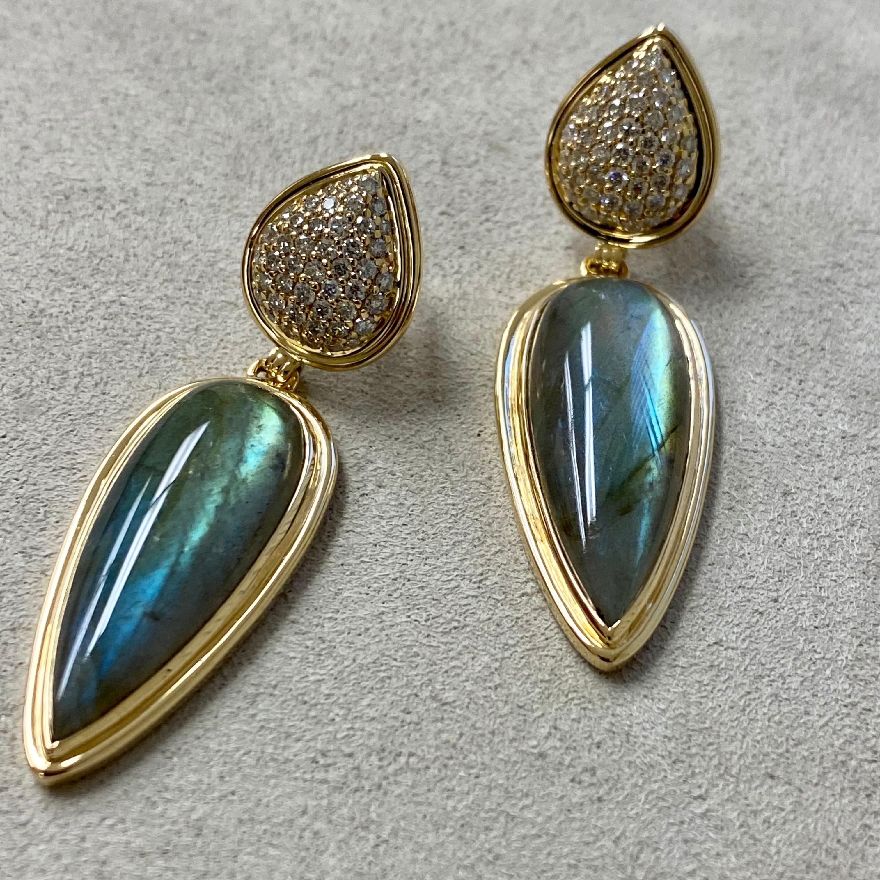 Contemporary Syna Yellow Gold Earrings with Labradorite and Diamonds For Sale