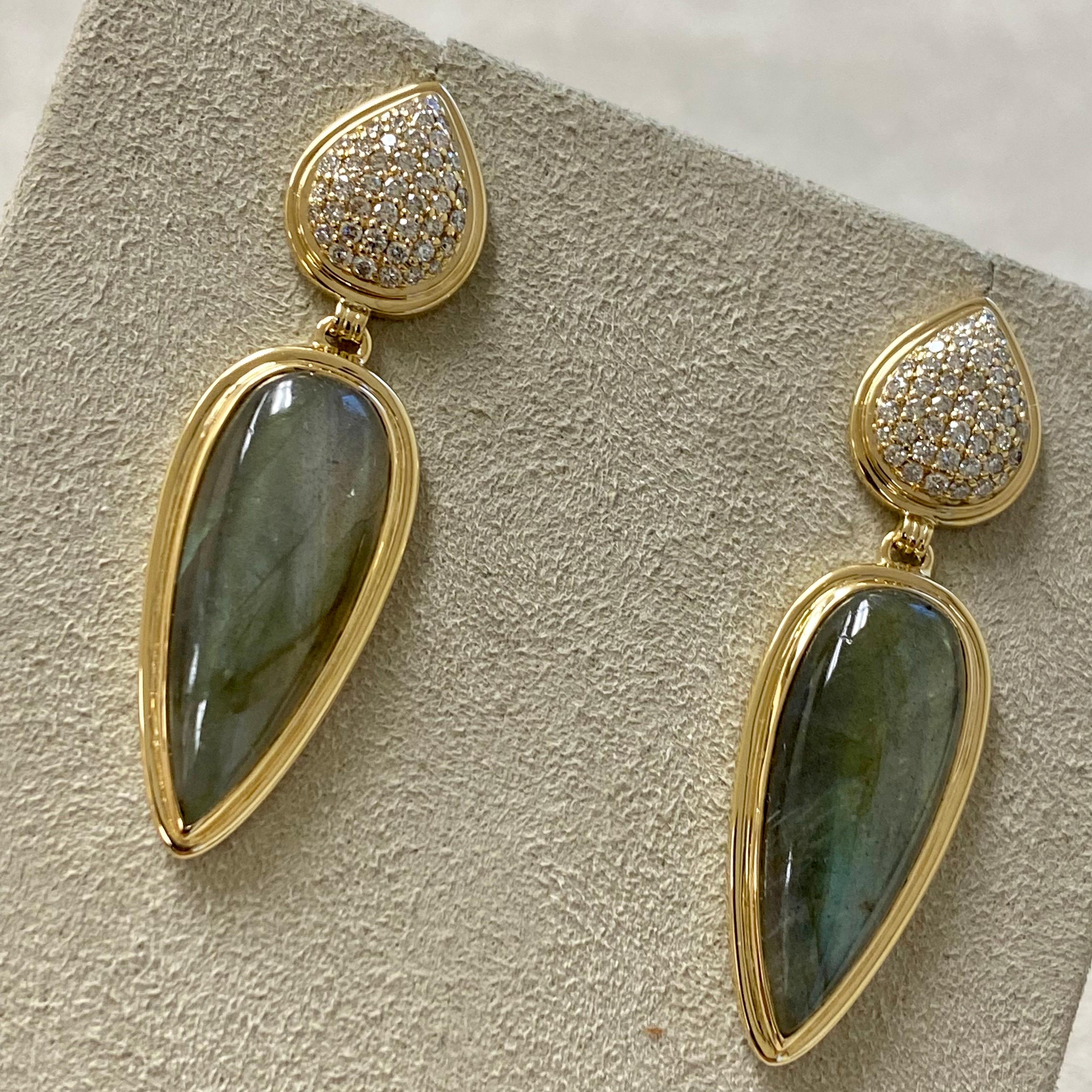 Pear Cut Syna Yellow Gold Earrings with Labradorite and Diamonds For Sale