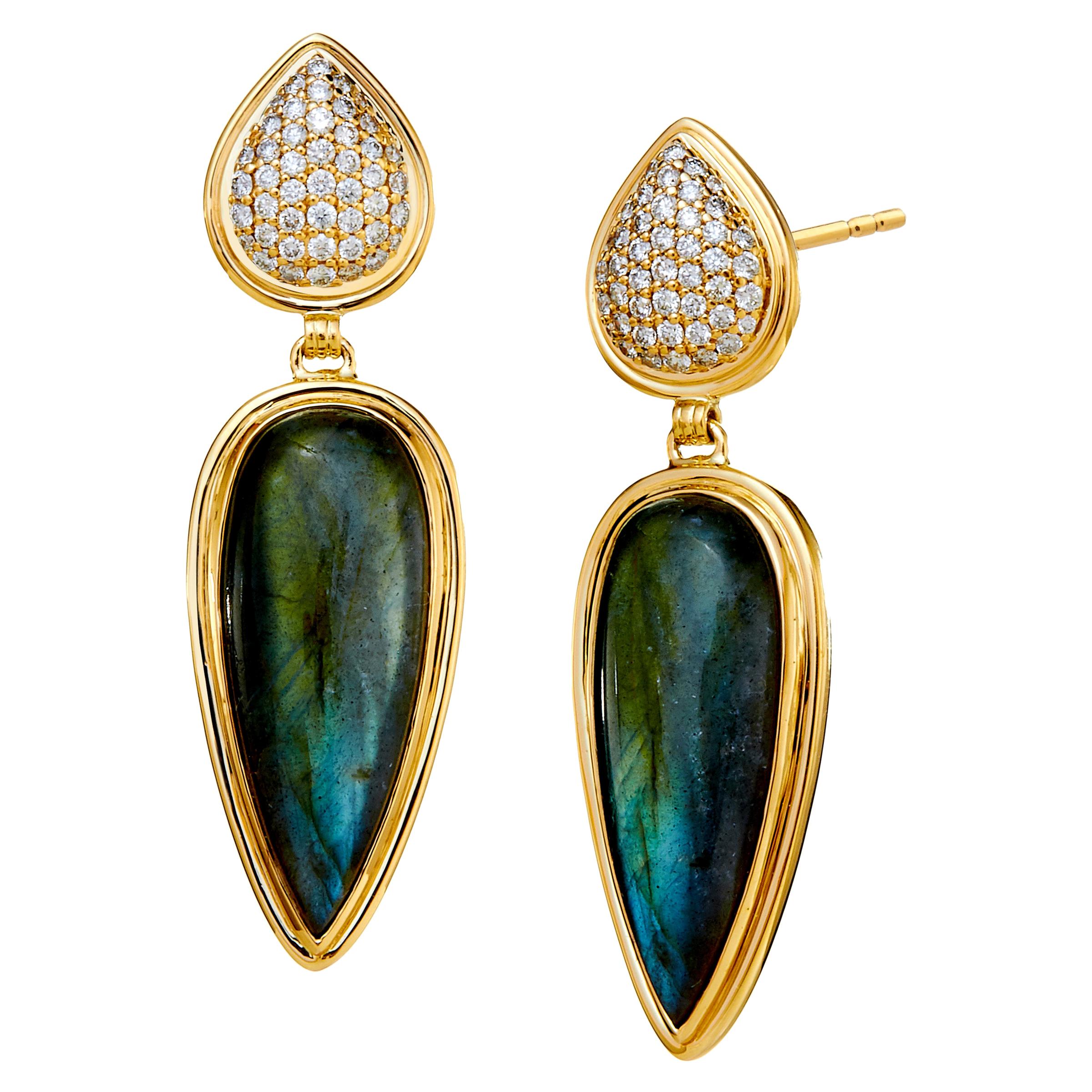 Syna Yellow Gold Earrings with Labradorite and Diamonds For Sale