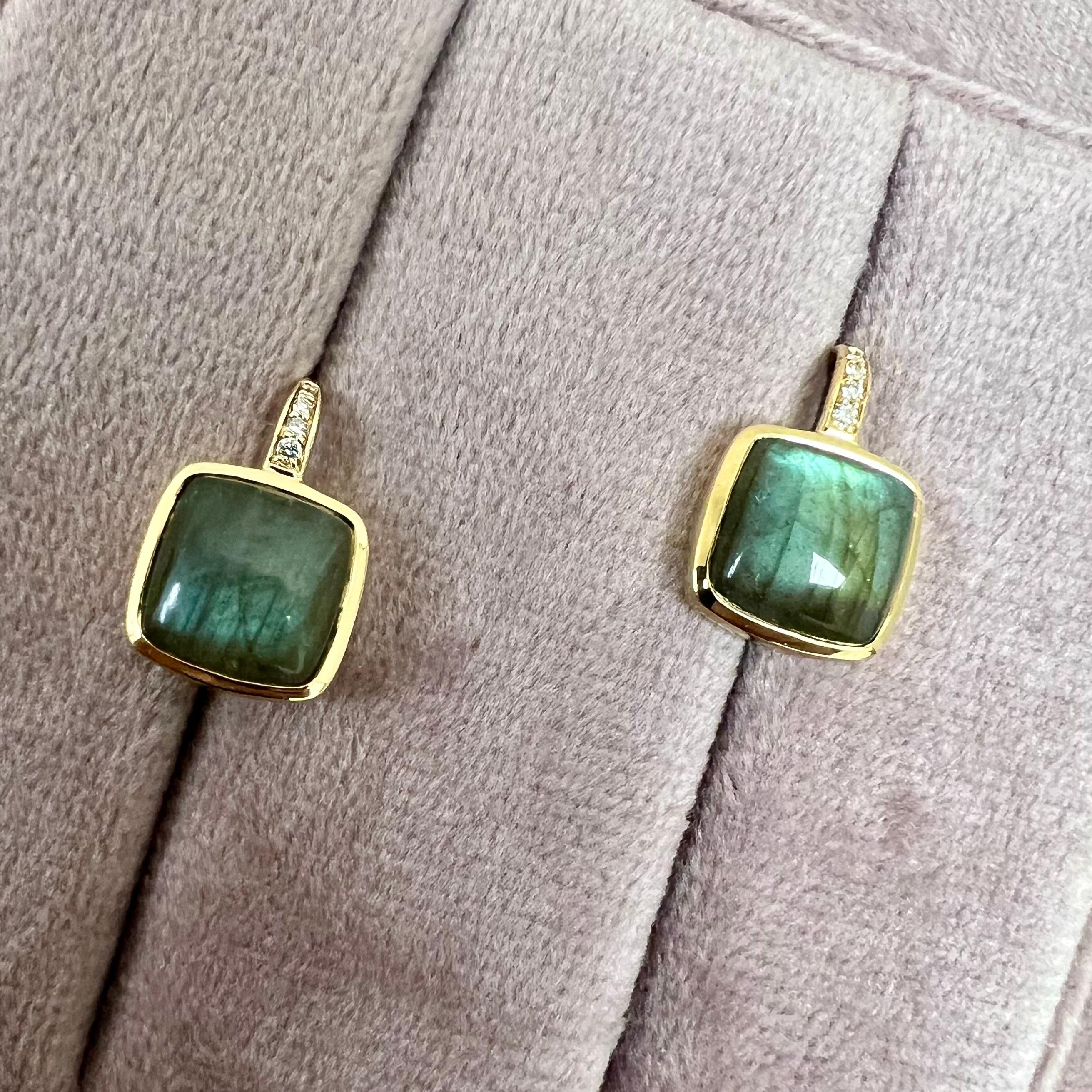 Contemporary Syna Yellow Gold Earrings with Labradorite and Diamonds For Sale