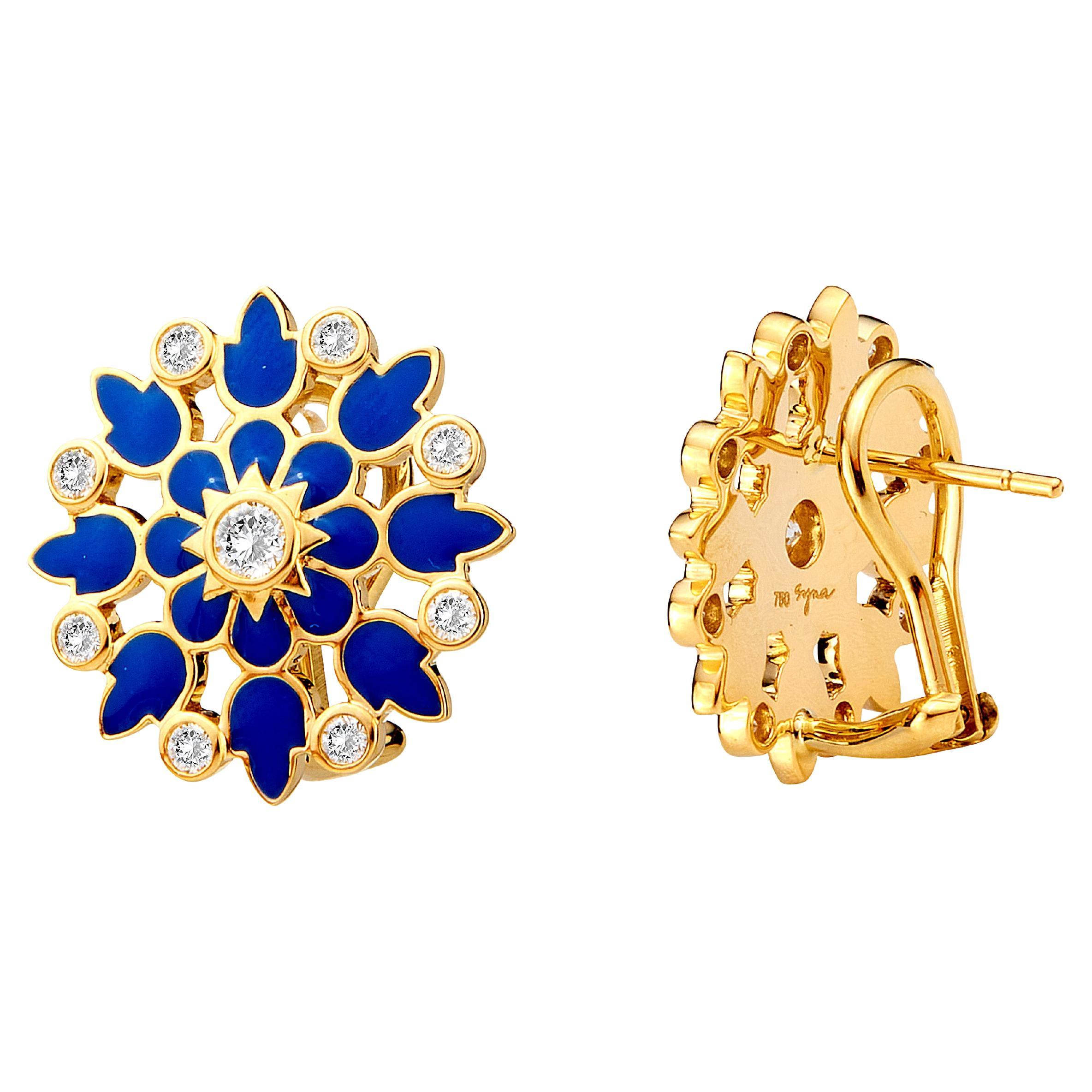 Syna Yellow Gold Earrings with Lapis Blue Enamel and Diamonds For Sale