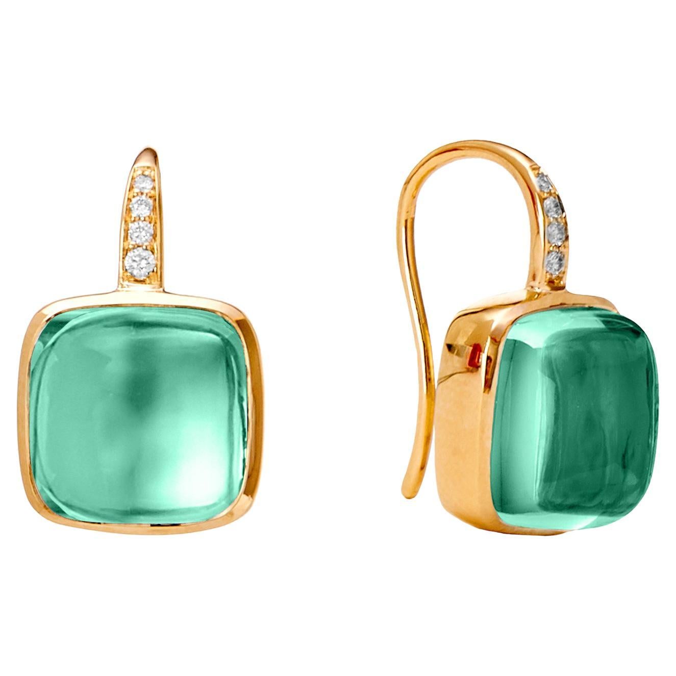 Syna Yellow Gold Earrings with Light Green Chalcedony and Diamonds For Sale