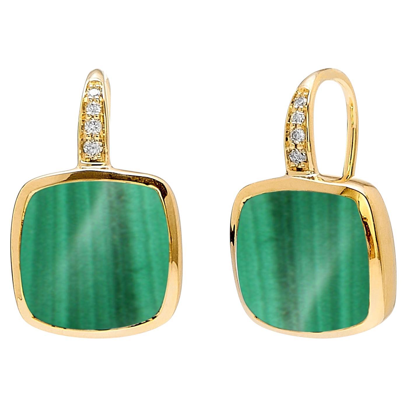 Syna Yellow Gold Earrings with Malachite and Diamonds For Sale