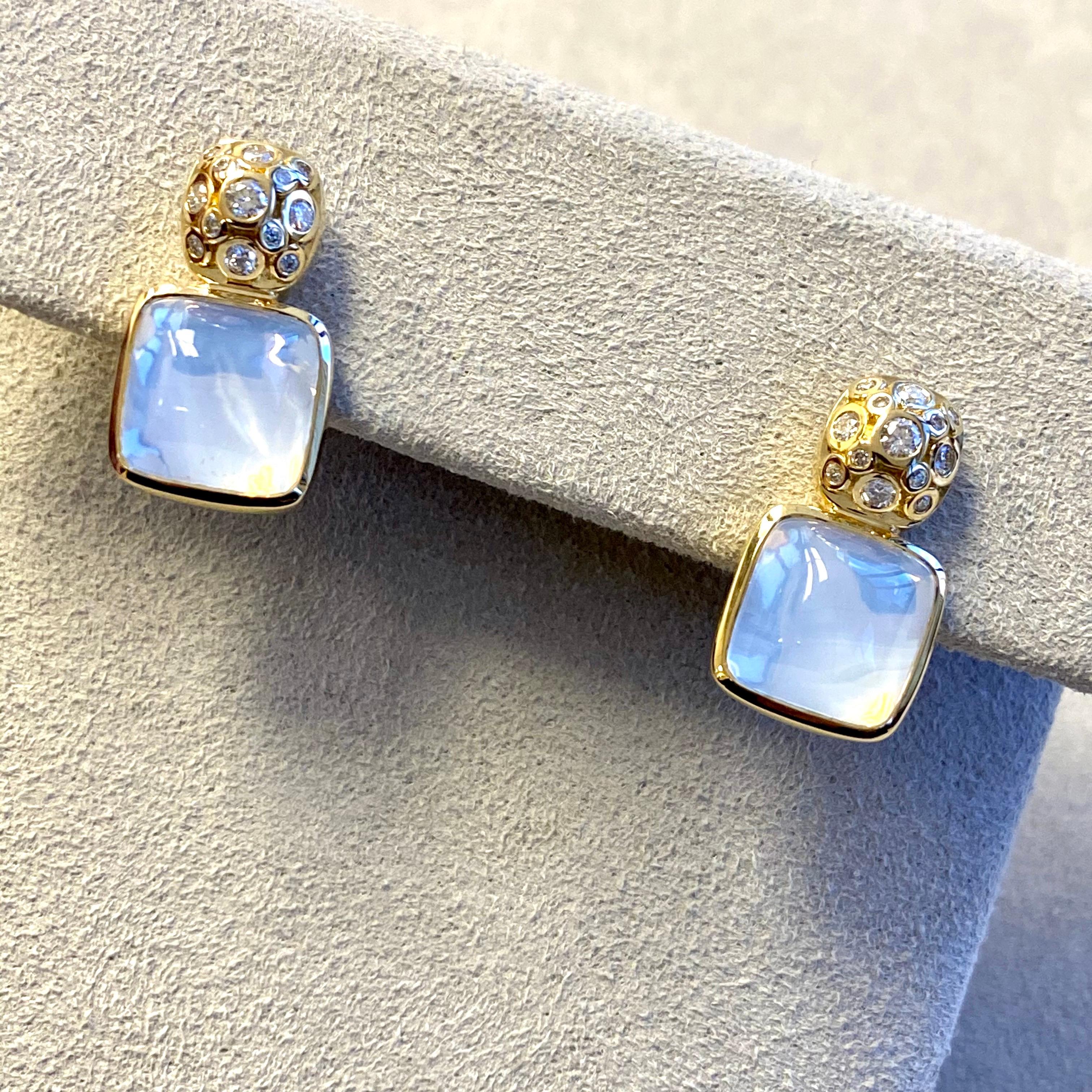Created in 18kyg
Moon Quartz 10 carats approx.
Diamonds 0.30 carat approx.
Omega clip backs
Limited edition

Crafted from 18K yellow gold, these limited-edition earrings feature a dazzling 10-carat Moon Quartz, accented with 0.30 carats of diamonds,